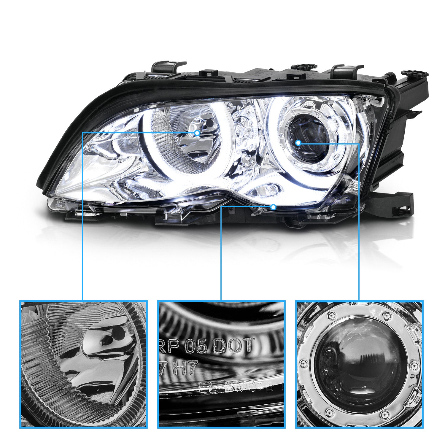 BMW 3 SERIES E46 02-05 4DR PROJECTOR HEADLIGHTS HALO CHROME CLEAR