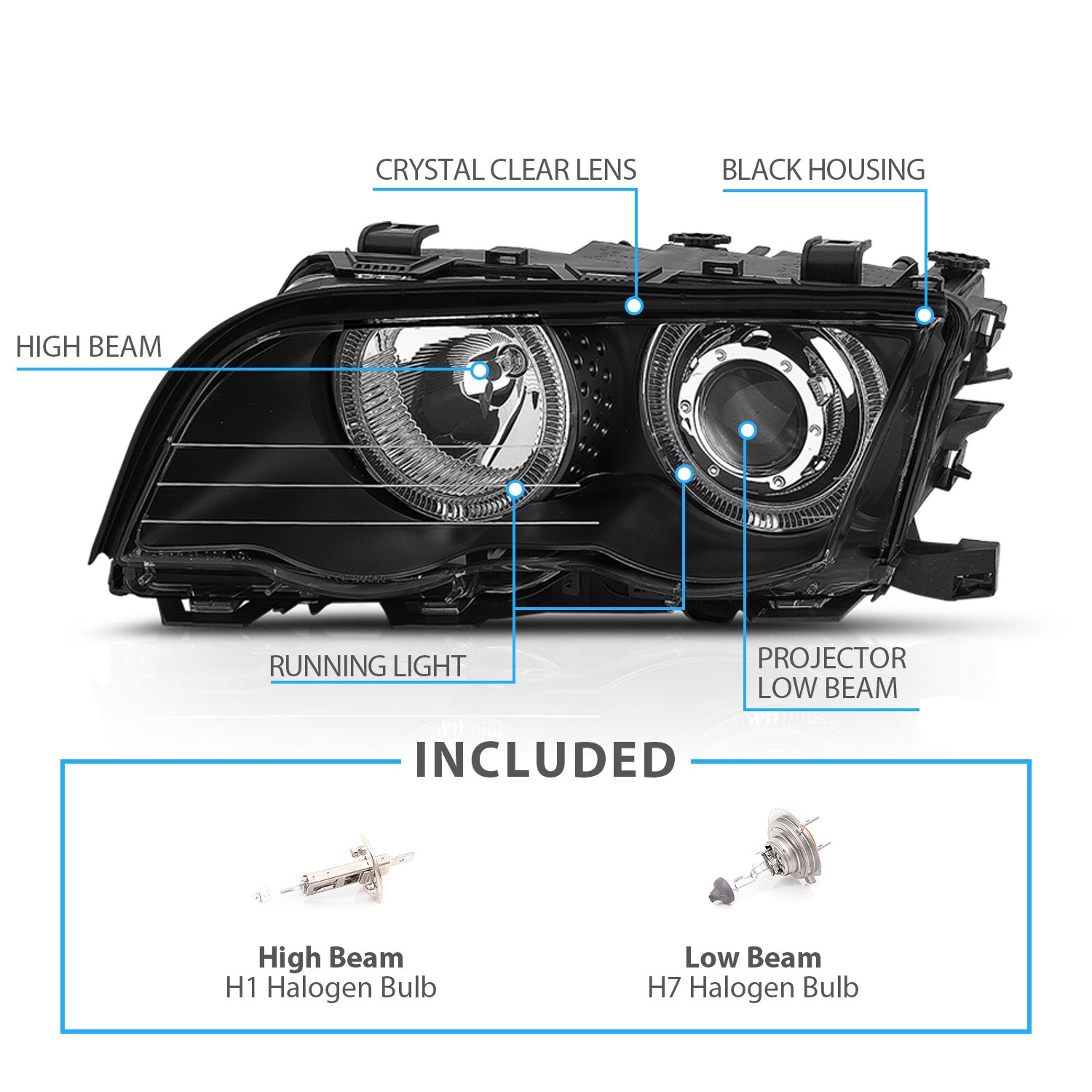 BMW 3 SERIES E46 99-01 4DR PROJECTOR HEADLIGHTS HALO BLACK CLEAR