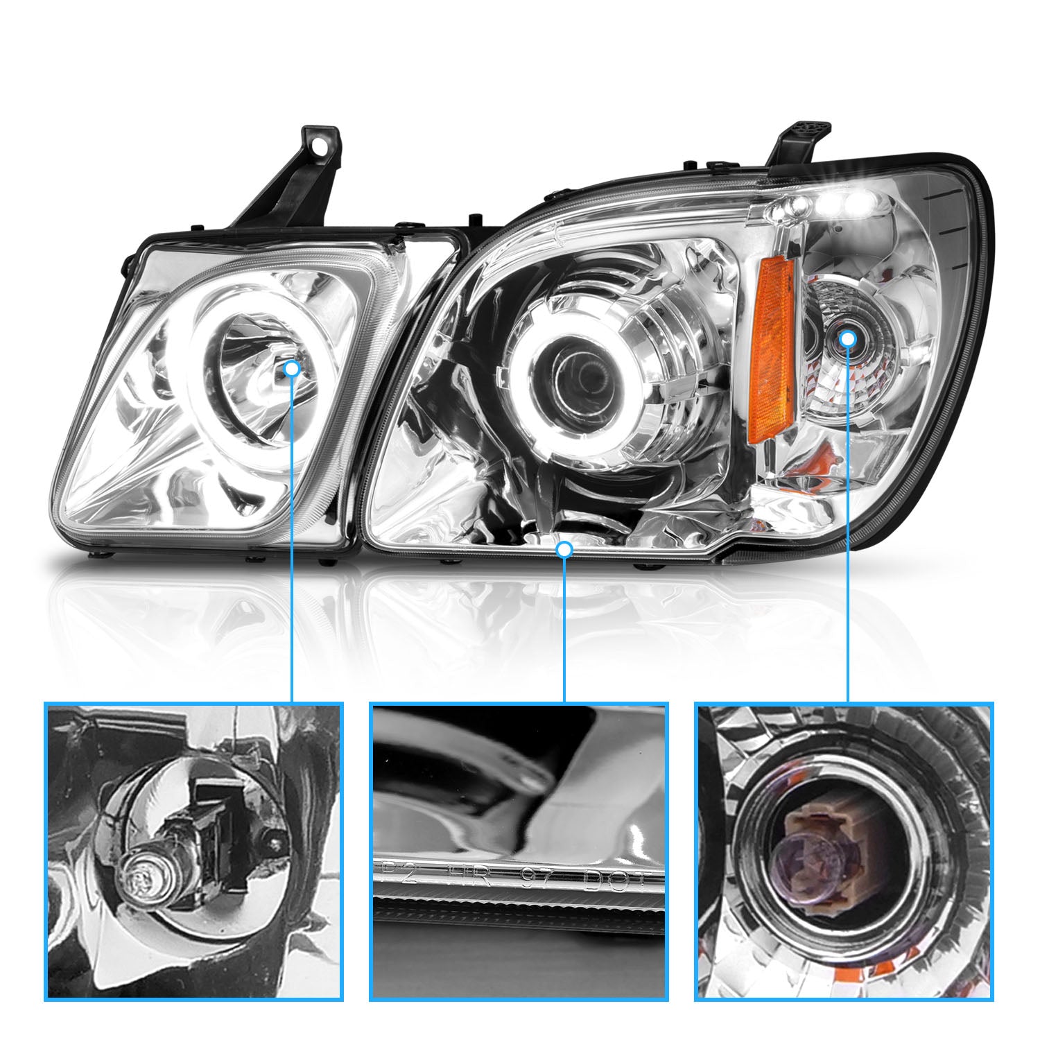 LEXUS LX470 98-07 PROJECTOR HEADLIGHTS HALO CHROME CLEAR AMBER (RX HALO)