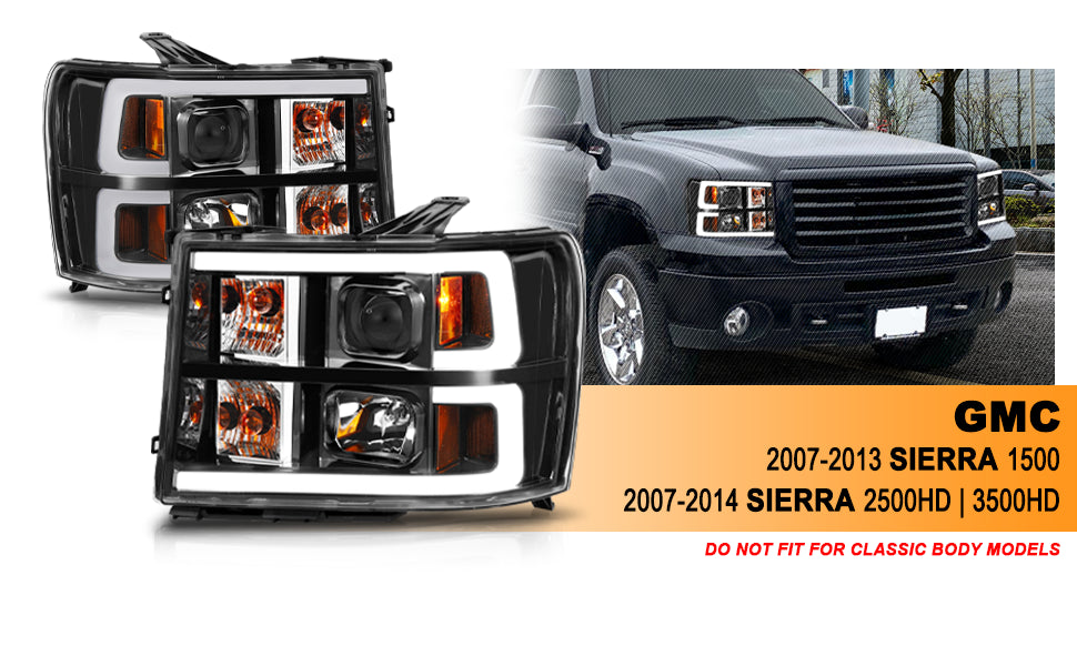 GMC SIERRA 07-10/1500 HYBRID 09-10 PROJECTOR LIGHT BAR STYLE HEADLIGHTS BLACK CLEAR AMBER