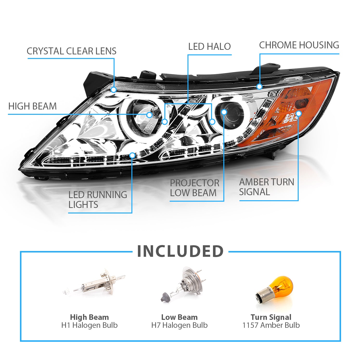 KIA OPTIMA 11-15 PROJECTOR HEADLIGHTS HALO CHROME CLEAR AMBER (RX HALO)
