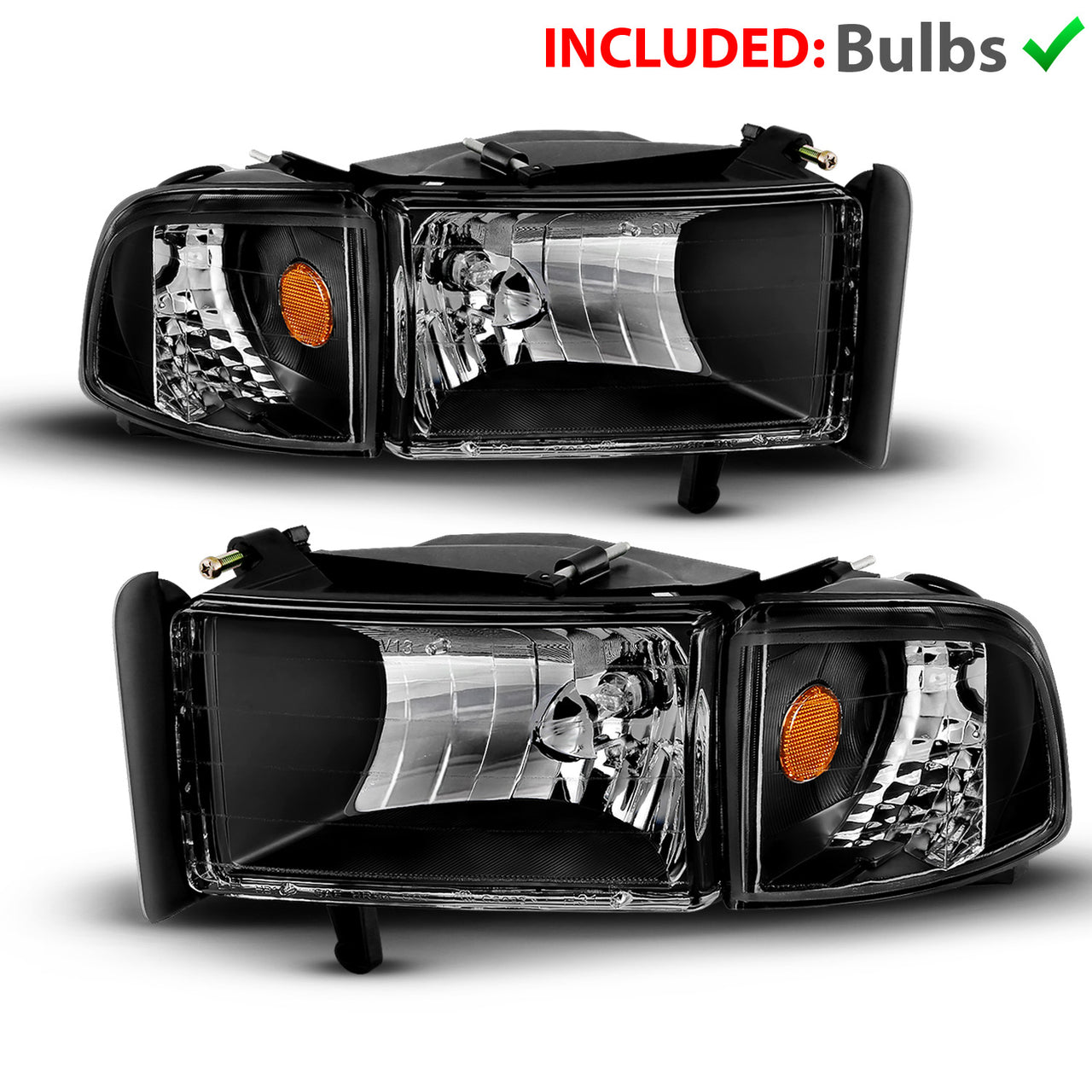 DODGE RAM 94-01 CRYSTAL HEADLIGHTS BLACK AMBER W/ CORNER LIGHTS