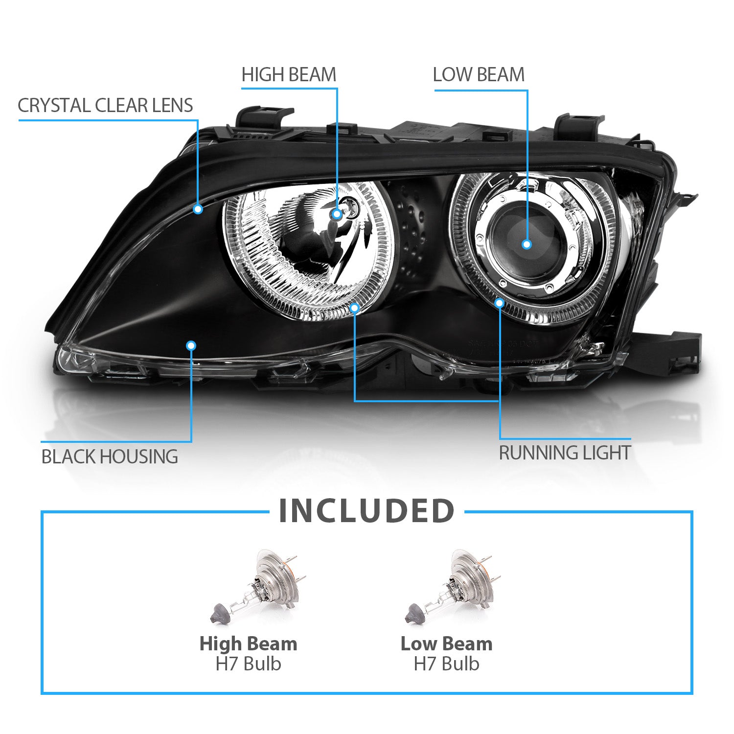BMW 3 SERIES E46 02-05 4DR PROJECTOR HEADLIGHTS HALO BLACK CLEAR