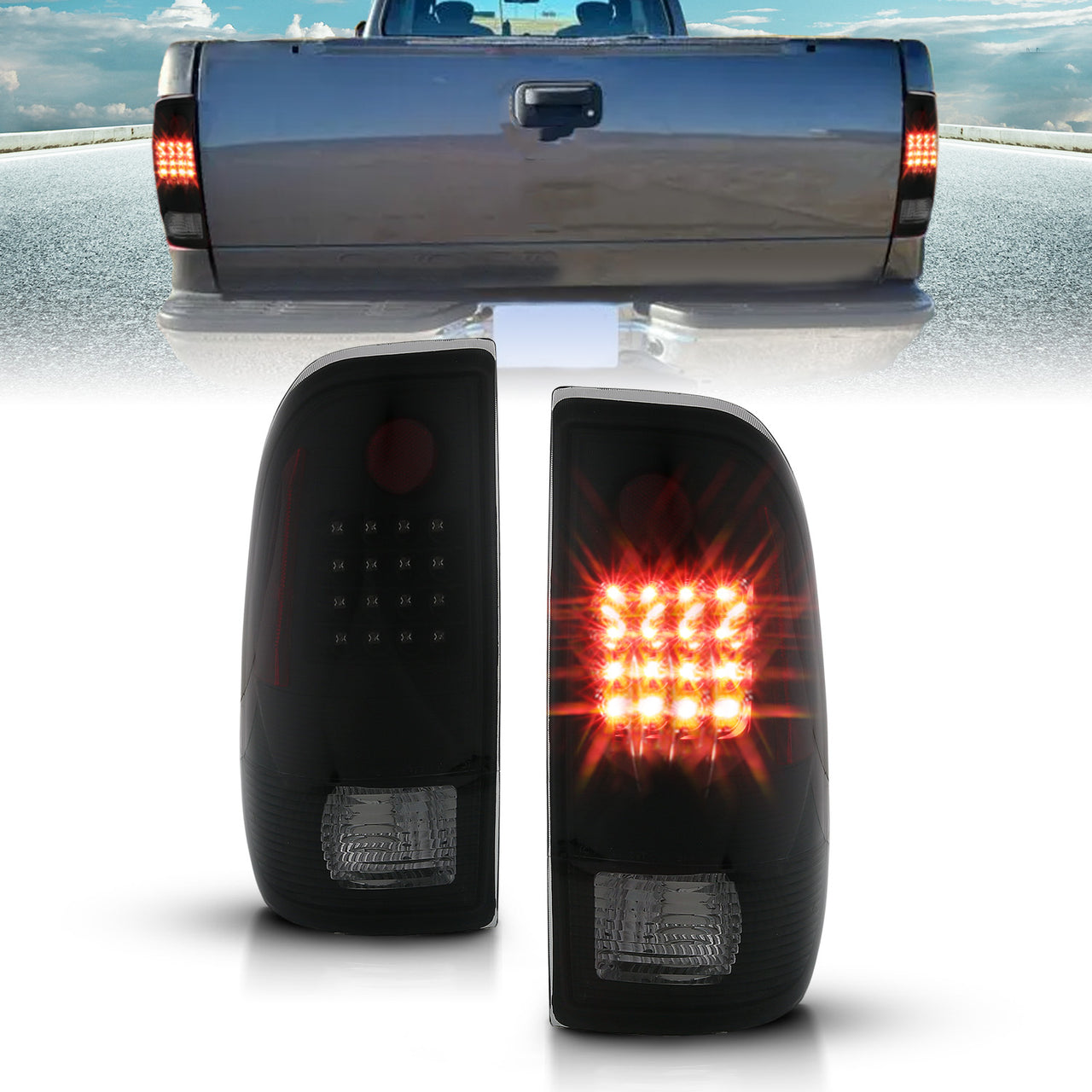FORD F-150/F250 97-04 STYLESIDE/SUPER DUTY 99-07 LED TAILLIGHTS  BLACK HOUSING SMOKE LENS  REFLECTOR
