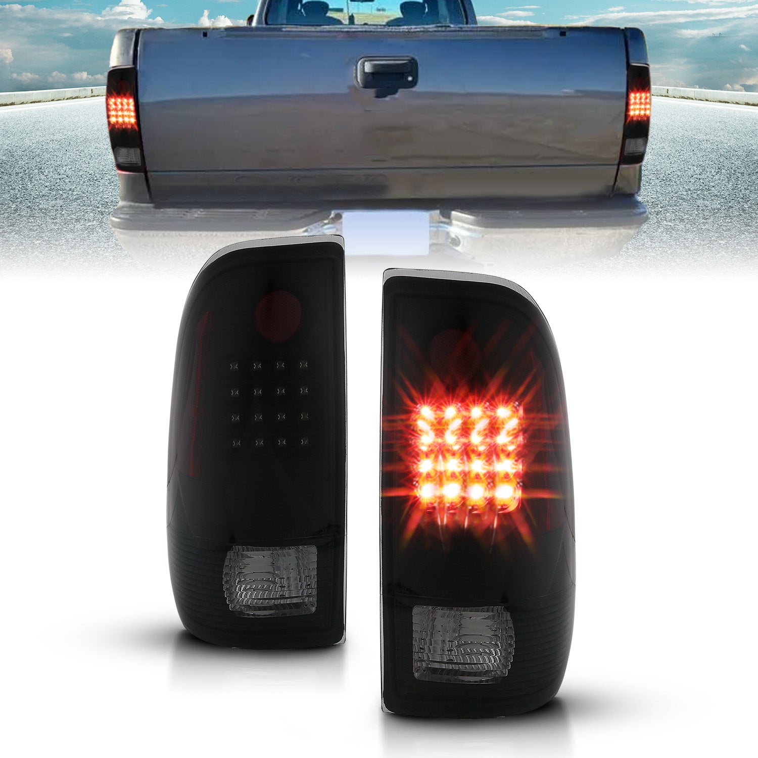 FORD F-150/F250 97-04 STYLESIDE/SUPER DUTY 99-07 LED TAILLIGHTS  BLACK HOUSING SMOKE LENS  REFLECTOR
