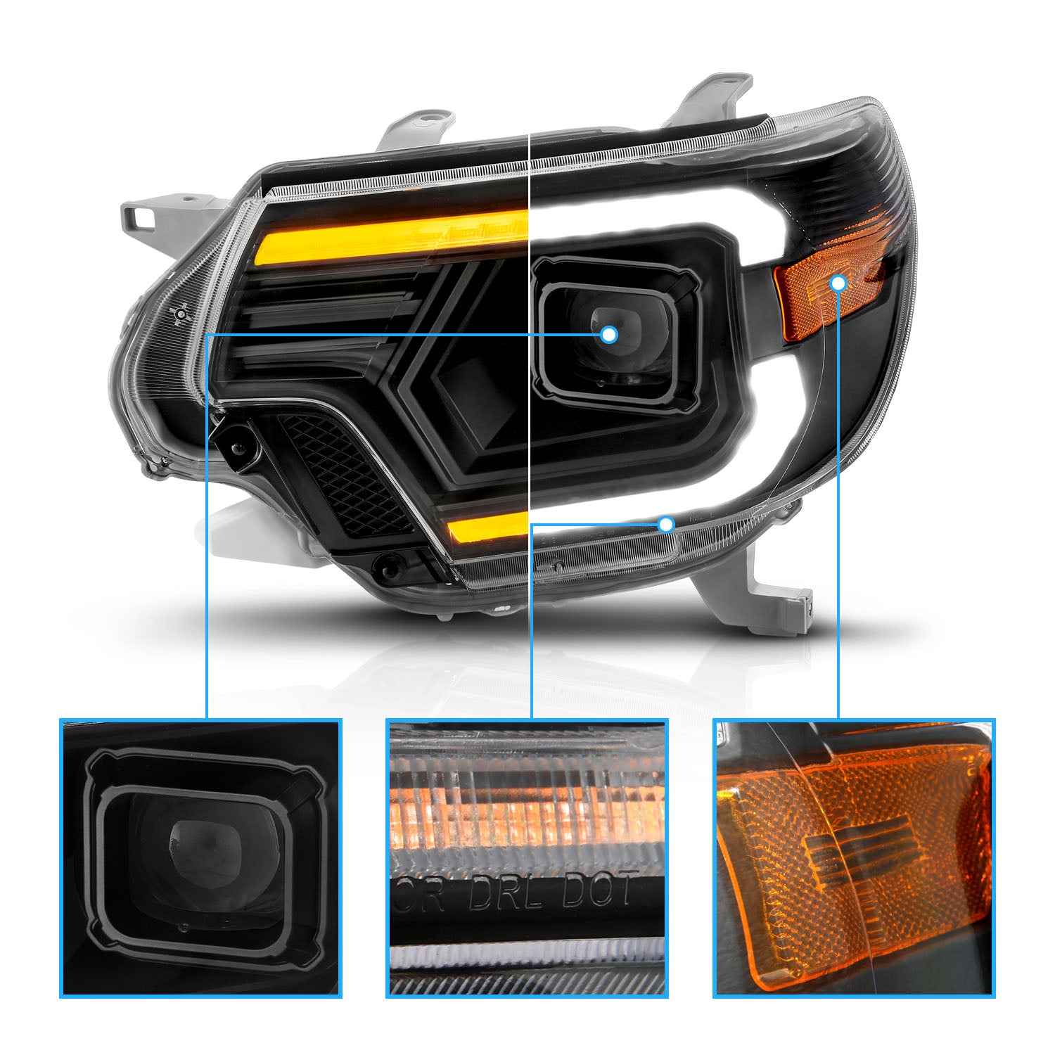 TOYOTA TACOMA 12-15  PROJECTOR SWITCHBACK HEADLIGHTS BLACK AMBER (W/ C LIGHTS BAR)