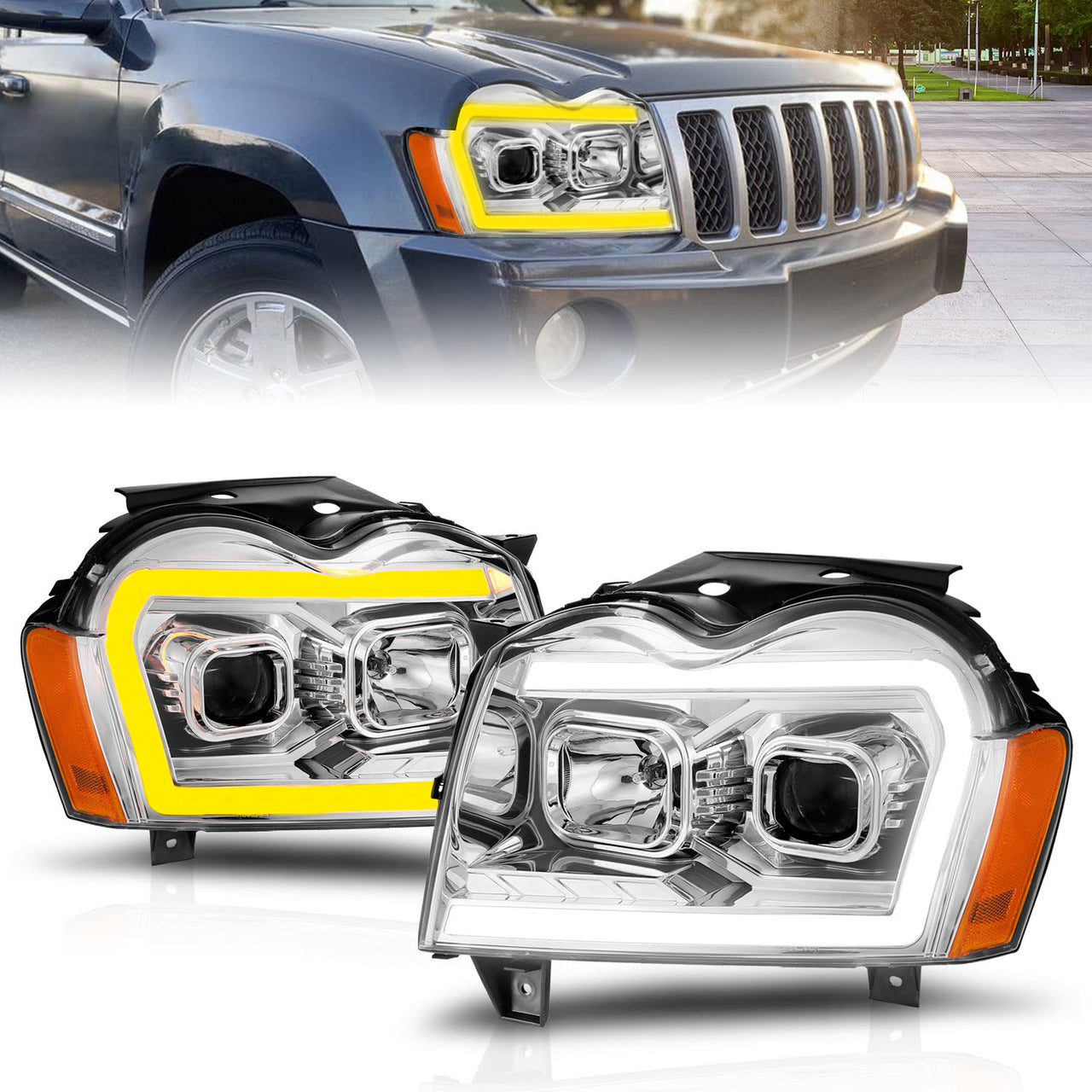 JEEP GRAND CHEROKEE 05-07 PROJECTOR SWITCHBACK HEADLIGHTS CHROME AMBER