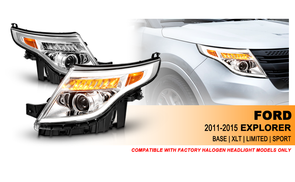 FORD EXPLORER 11-15 (13-15 BASE, XLT, LIMITED) PROJECTOR LIGHT BAR STYLE HEADLIGHTS CHROME AMBER
