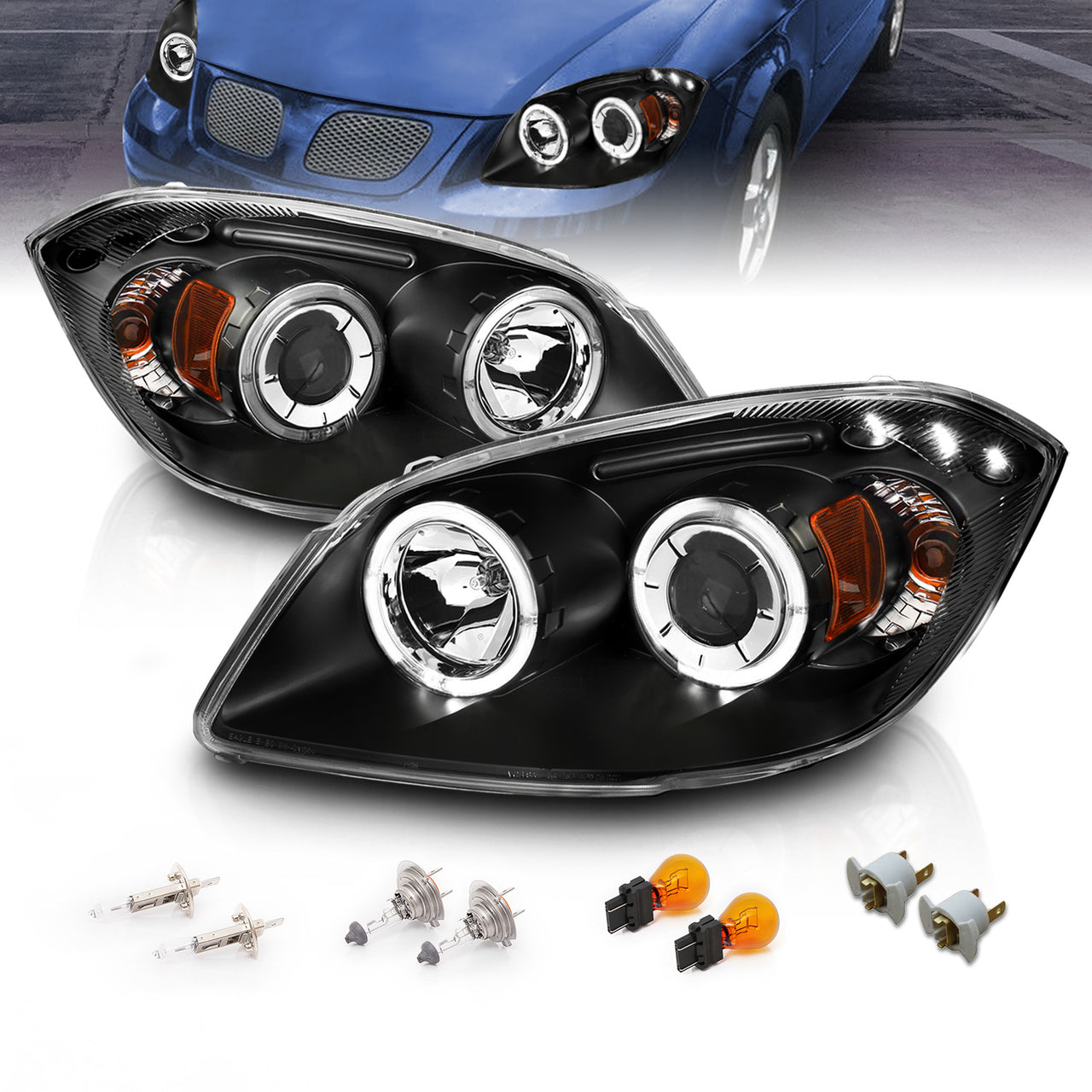 CHEVY COBALT 05-UP PROJECTOR HEADLIGHTS HALO W/O CCFL BAR BLACK CLEAR AMBER