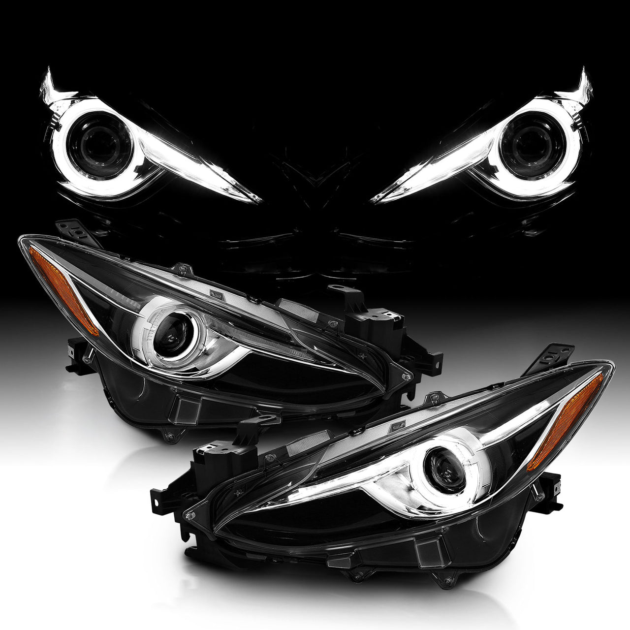 MAZDA 3 14-15 4DR PROJECTOR HEADLIGHTS WHITE PLUS LED HALO BLACK AMBER