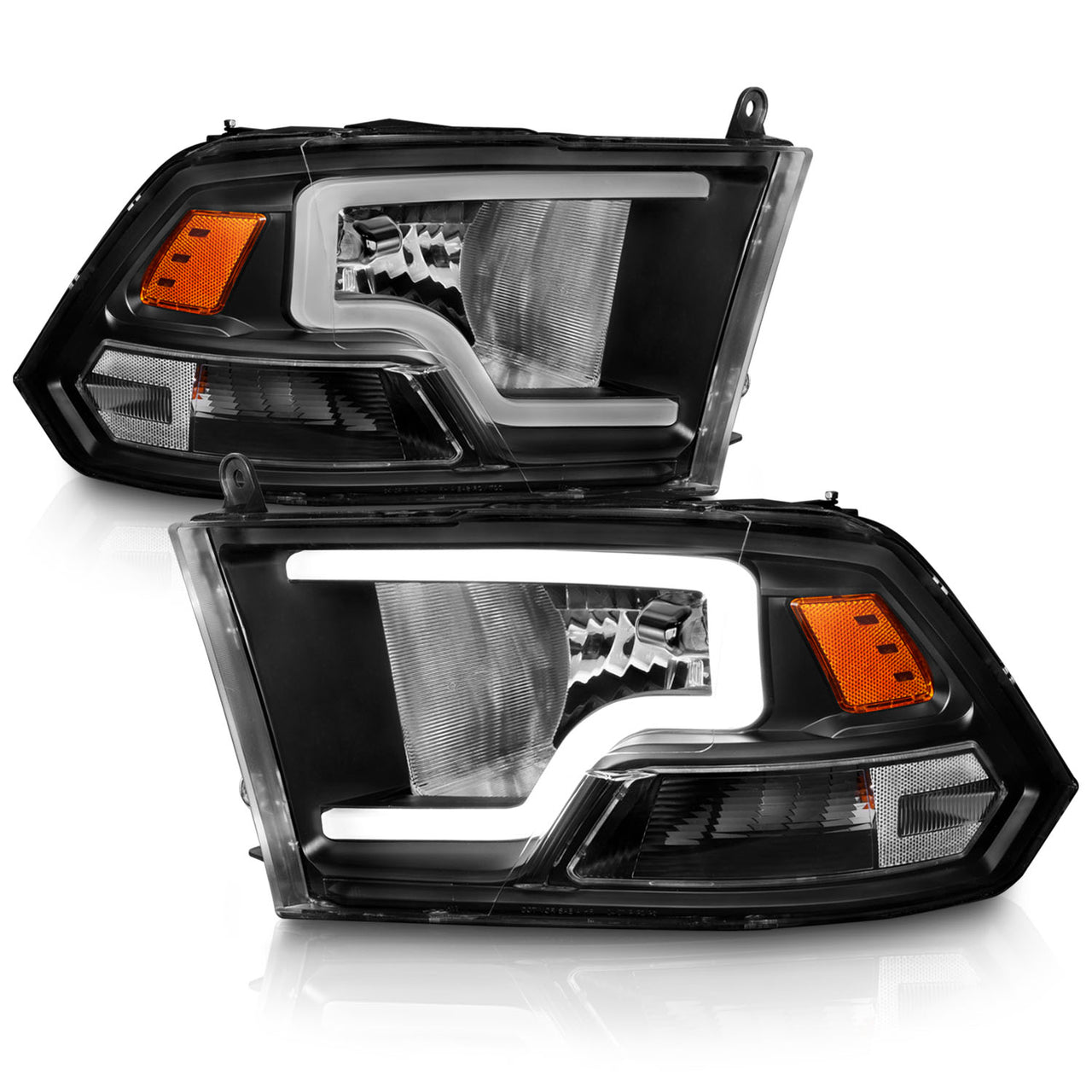 DODGE RAM 09-20 LIGHT BAR STYLE HEADLIGHTS BLACK HOUSING G2 AMBER  (HALOGEN TYPE)