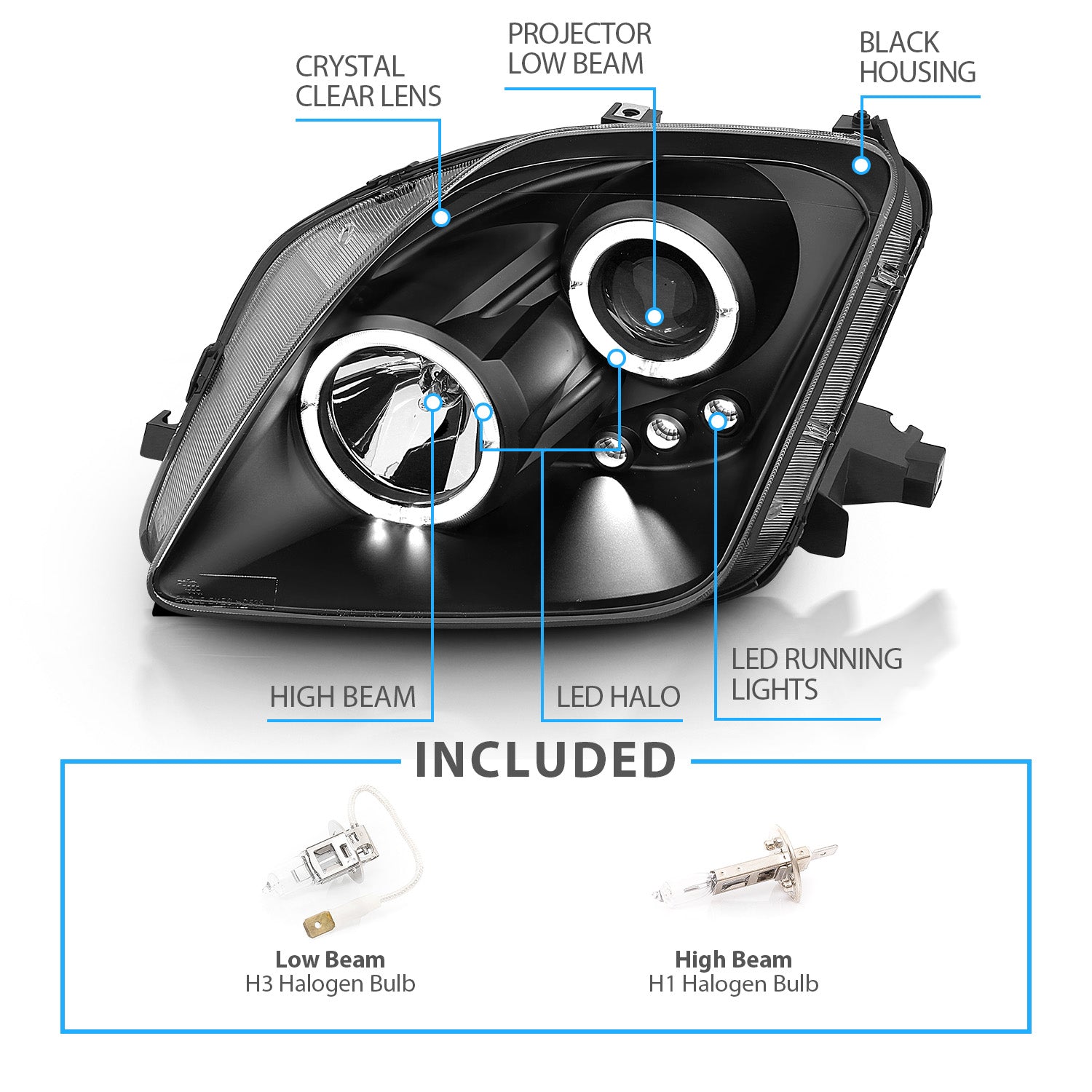 HONDA PRELUDE 97-01 PROJECTOR LED HEADLIGHTS HALO W/O CCFL BAR BLACK CLEAR