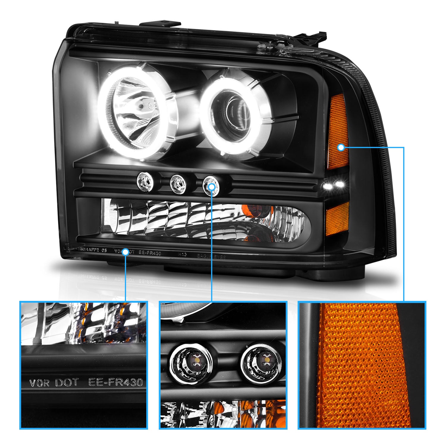 FORD F-250/350/450/550 SUPERDUTY 05-07/EXCURSION 2005 PROJECTOR HEADLIGHTS BLACK CLEAR W/ LED STRIP (SMD LED) 1PC