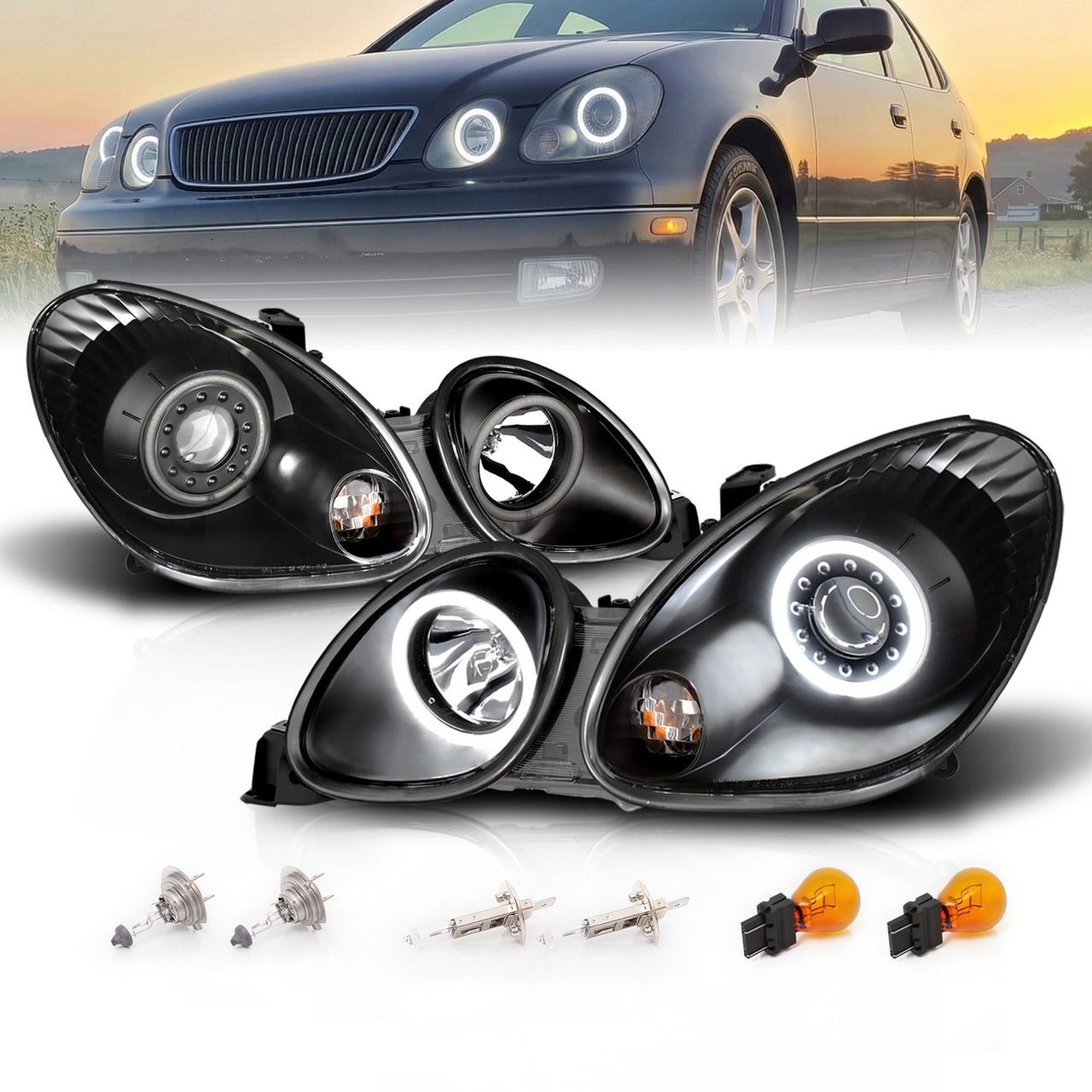 LEXUS GS 300/400 98-05 PROJECTOR HEADLIGHTS HALO BLACK CLEAR (RX HALO)