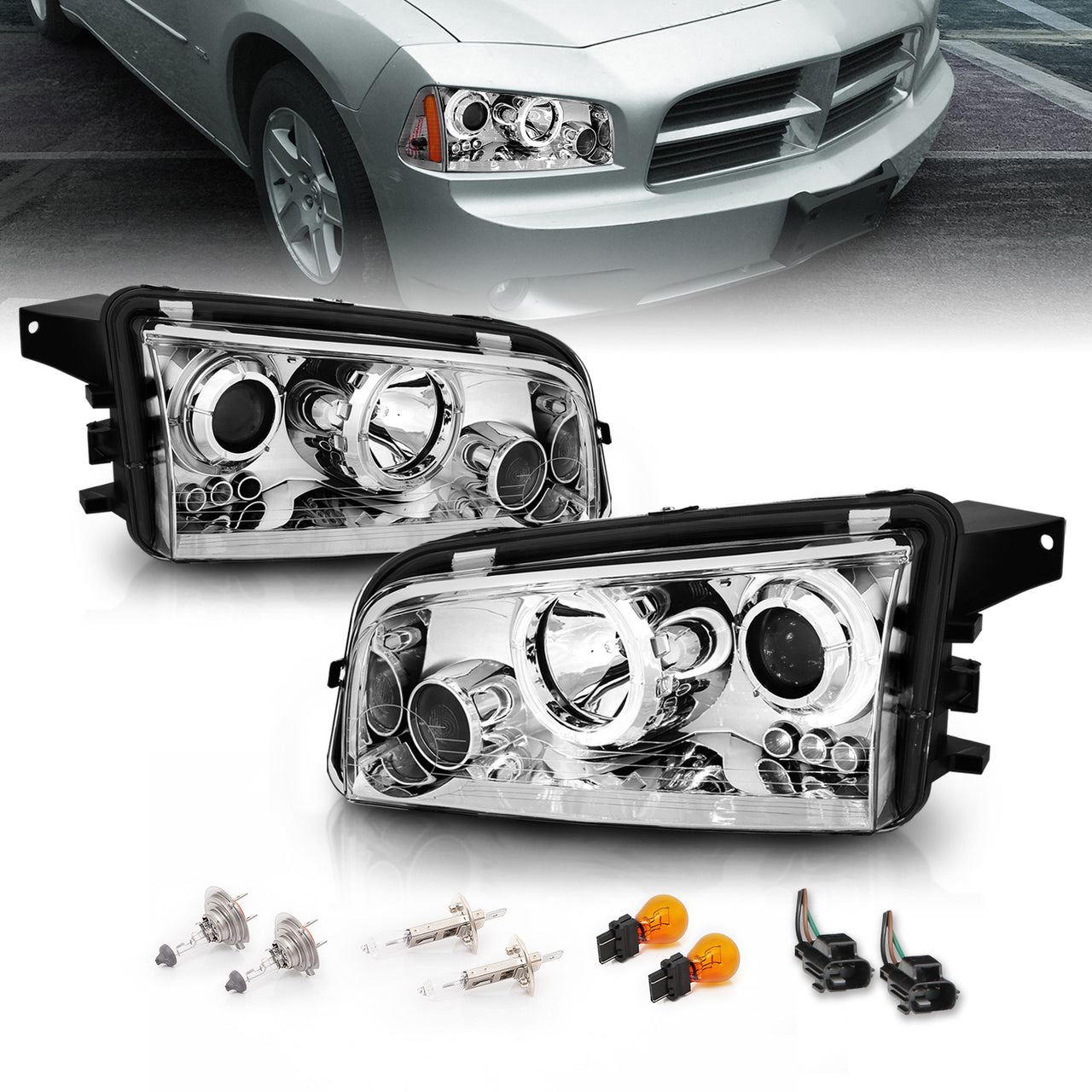DODGE CHARGER 06-08 PROJECTOR HEADLIGHTS HALO CHROME CLEAR