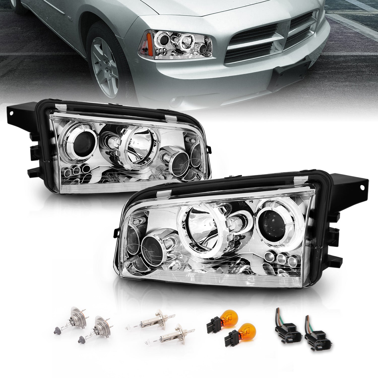 DODGE CHARGER 06-08 PROJECTOR HEADLIGHTS HALO CHROME CLEAR
