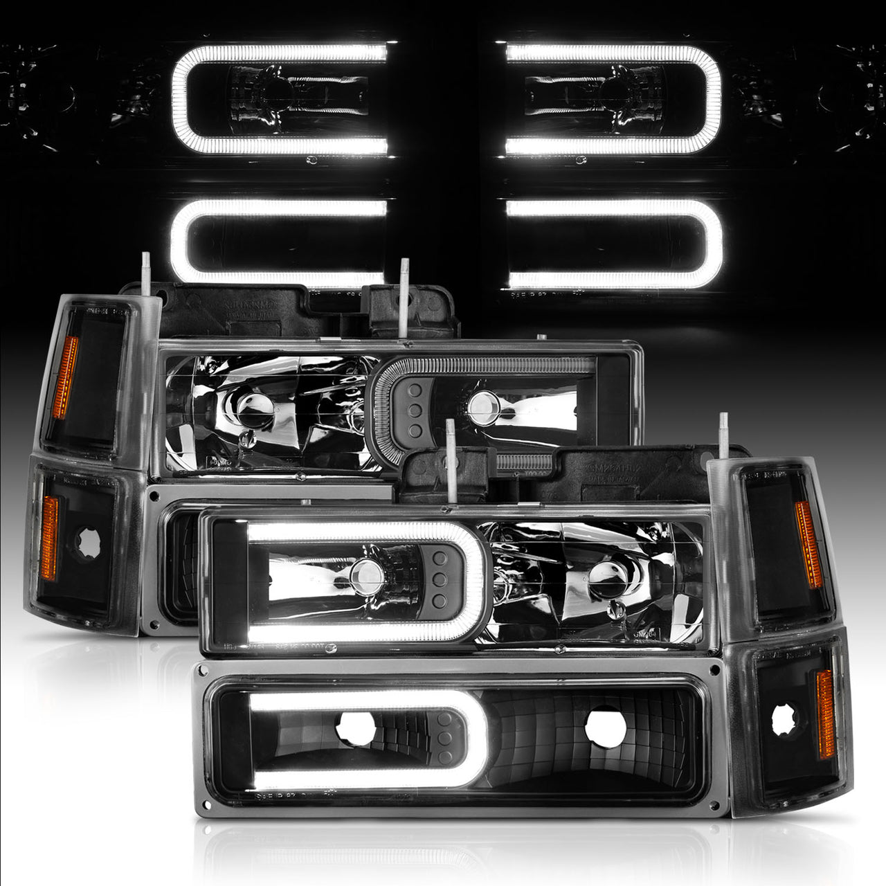 CHEVY CK / C10 /SILVERADO/ TAHOE / SUBURBAN/BLAZER 94-98 HEADLIGHTS  W/ SIGNAL & SIDE MARKERS (8PCS) SET BLACK HOUSING CLEAR LENS W/ C LIGHT BAR