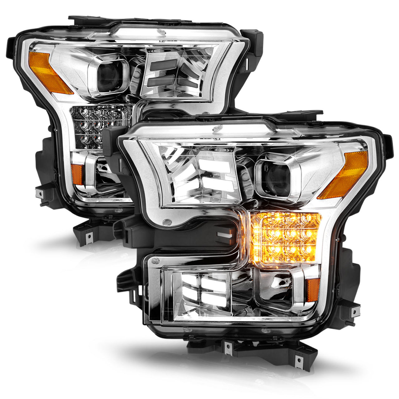 FORD F-150 15-17 PROJECTOR LIGHT BAR STYLE HEADLIGHTS CHROME HOUSING AMBER (SEQUENTIAL SIGNAL)