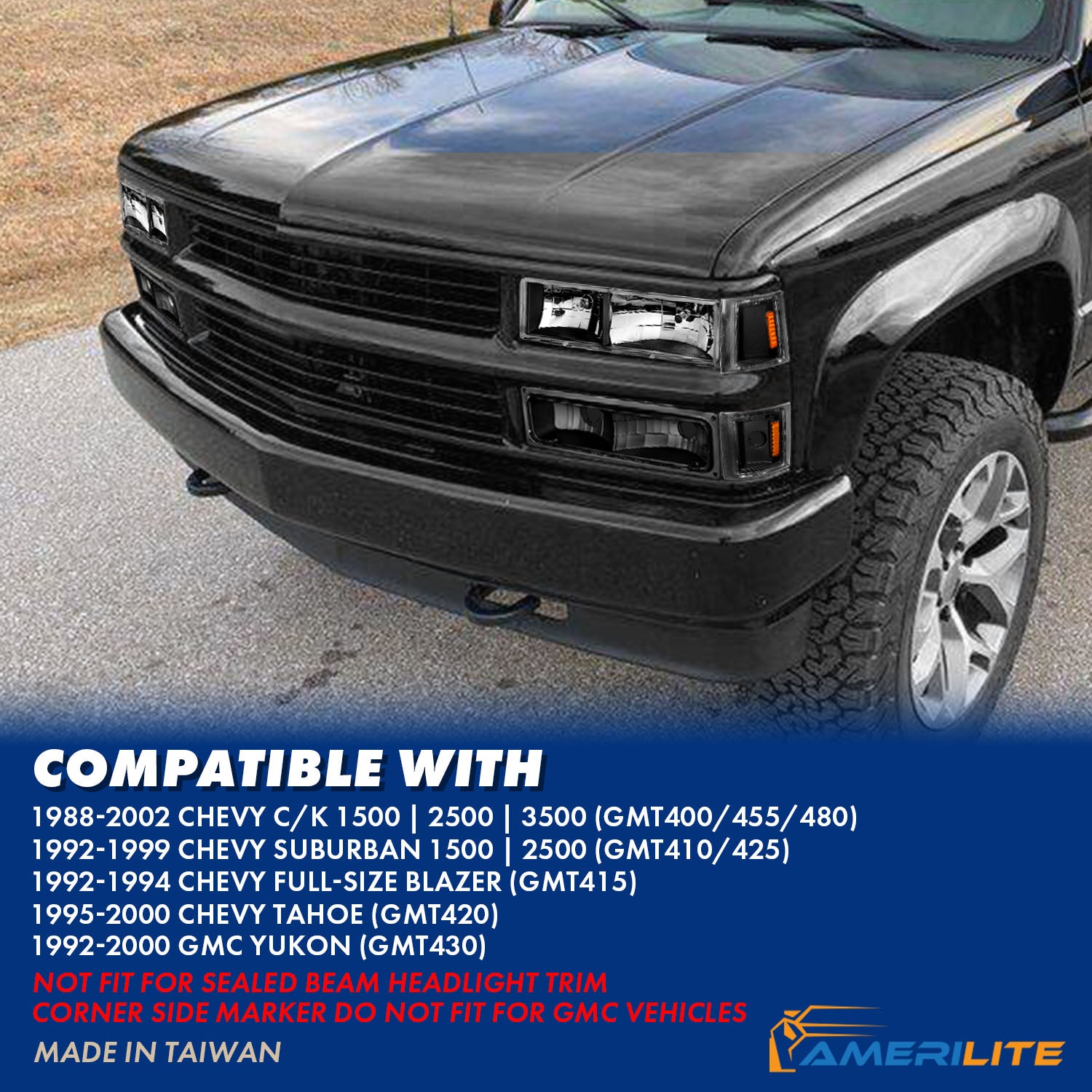 CHEVY CK / C10 /SILVERADO/ TAHOE / SUBURBAN/BLAZER 94-98 CRYSTAL HEADLIGHTS BLACK W/ SIGNAL & SIDE MARKERS AMBER (8PCS)