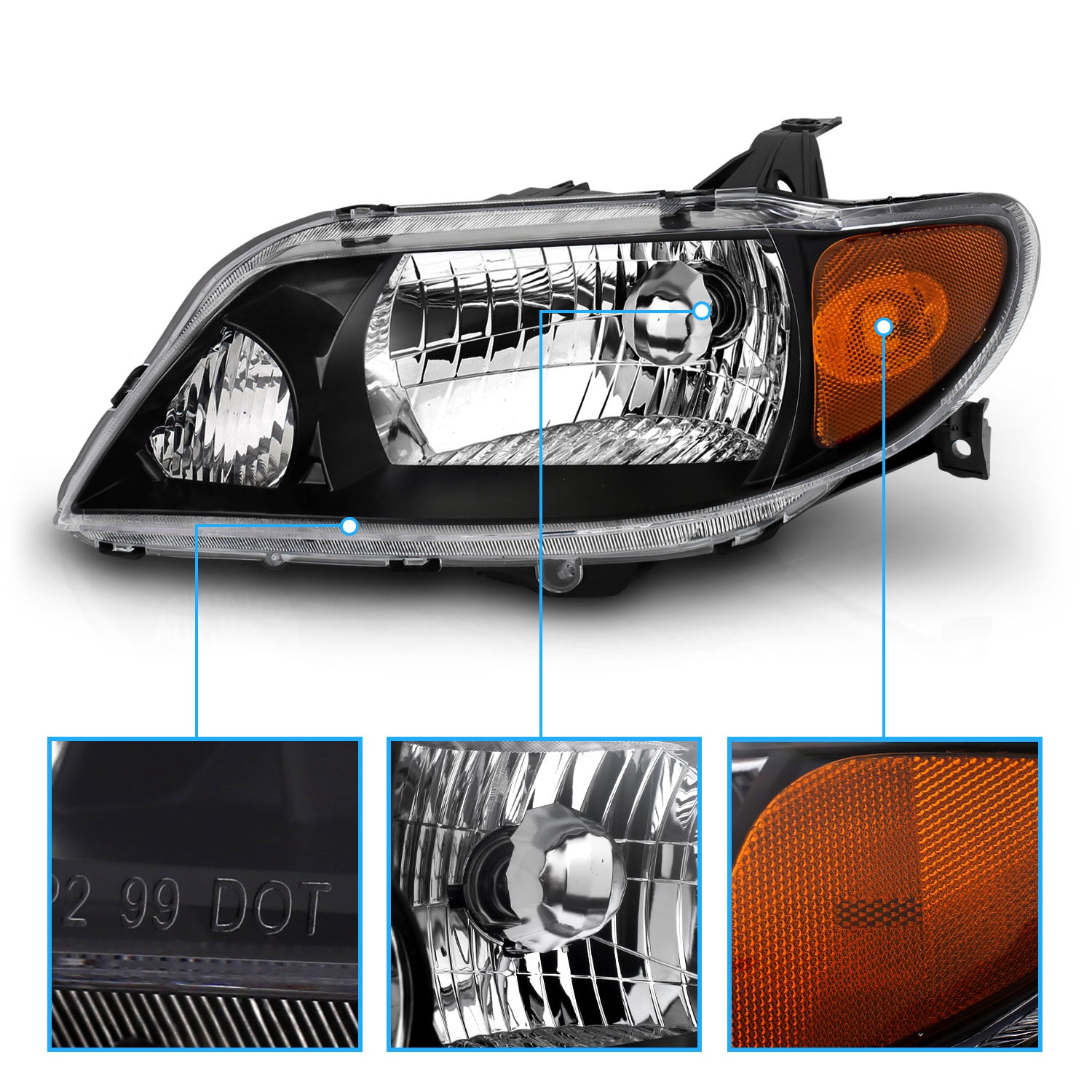 MAZDA PROTEGE 01-03 CRYSTAL HEADLIGHTS BLACK AMBER