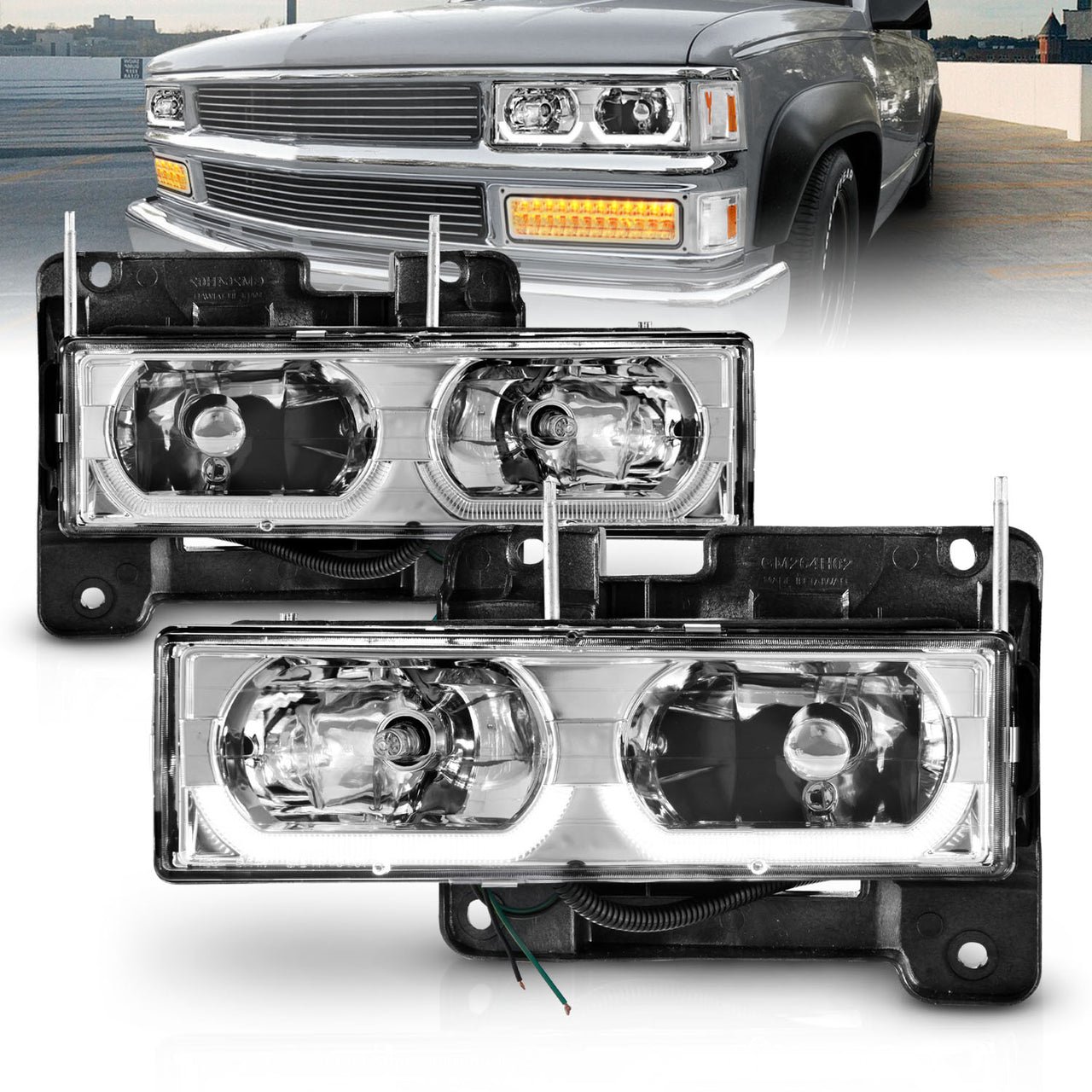 CHEVY FULLSIZE 88-98 LOW-BROW STYLE CRYSTAL HEADLIGHTS CHROME CLEAR