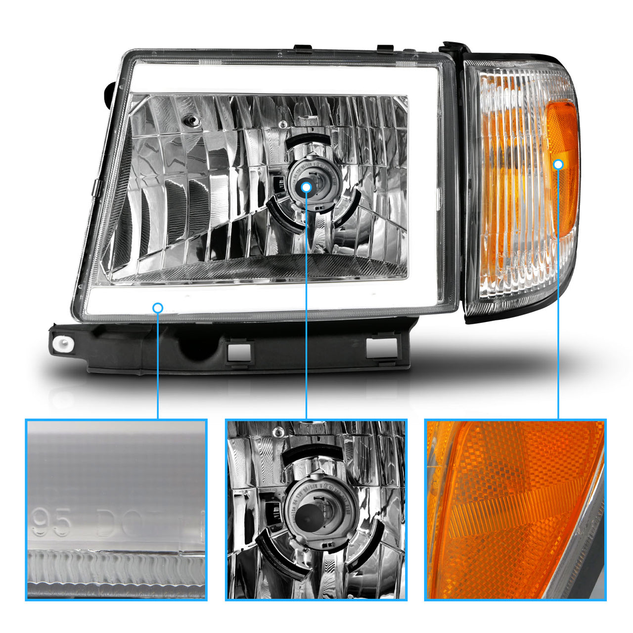 TOYOTA TACOMA 2WD (W/ PRERUNNER) 97-00 / 4WD 98-00 HEADLIGHTS CHROME (W/SIDE MARKERS) (W/ C LIGHT BAR)