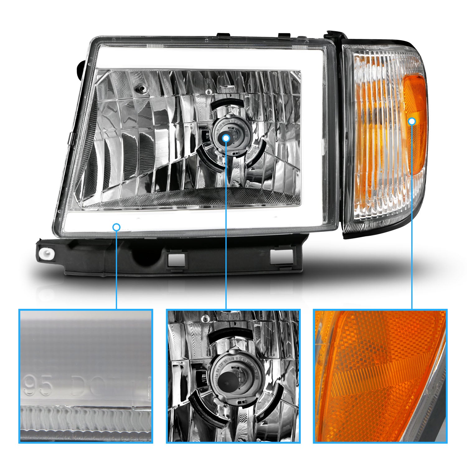 TOYOTA TACOMA 2WD (W/ PRERUNNER) 97-00 / 4WD 98-00 HEADLIGHTS CHROME (W/SIDE MARKERS) (W/ C LIGHT BAR)