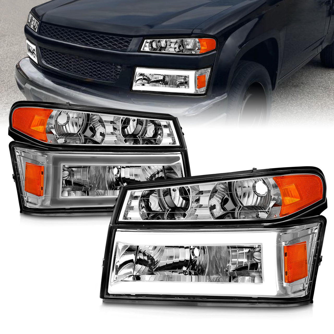 CHEVY COLORADO/GMC CANYON 04-12 HEADLIGHTS CHROME 4PCS W/ PARKING LIGHTS, C LIGHTS BAR