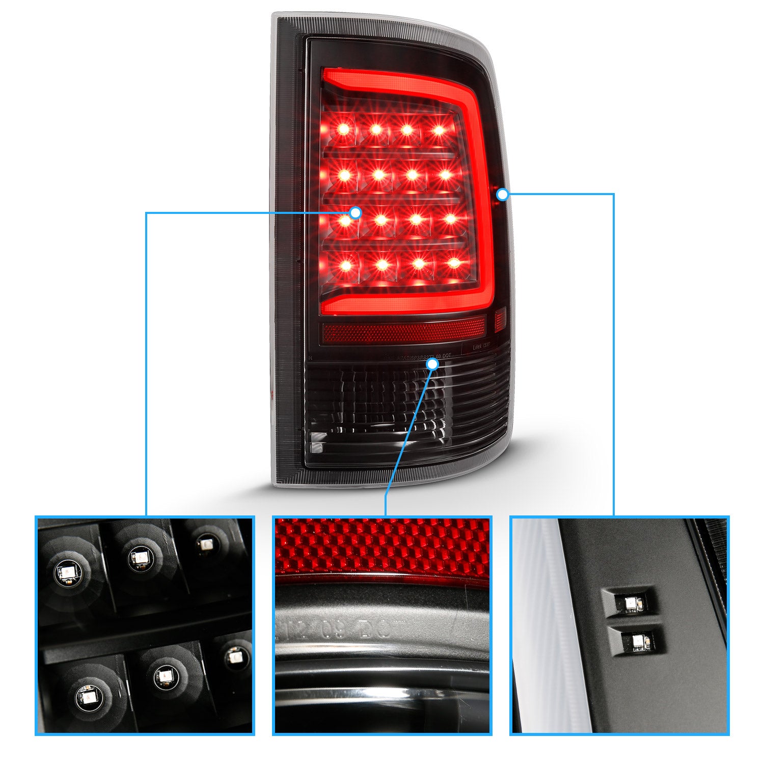 DODGE RAM 1500 09-18/ 2500 3500 10-18 LED TAIL LIGHTS BLACK HOUSING CLEAR LENS W/ C LIGHT BAR (NOT COMPATIBLE W/ ORIGINAL LED VERSION)