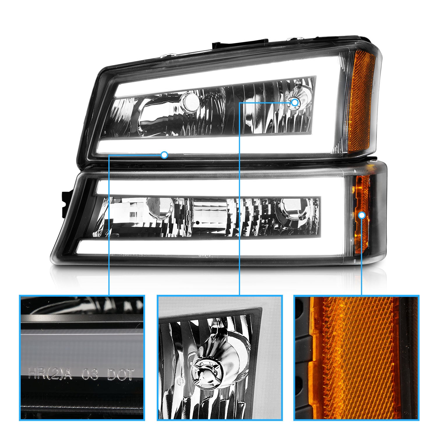 CHEVY SILVERADO 03-07/ AVALANCHE 02-06 HEADLIGHTS W/ SIGNAL LIGHT BLACK HOUSING AMBER (4 PCS) (W/ C LIGHT BAR) W/O BODY CLADDING