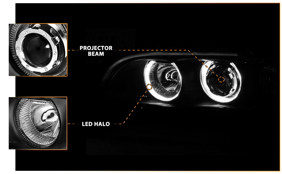 BMW 5 SERIES E39 95-01 PROJECTOR HEADLIGHTS HALO BLACK CLEAR AMBER