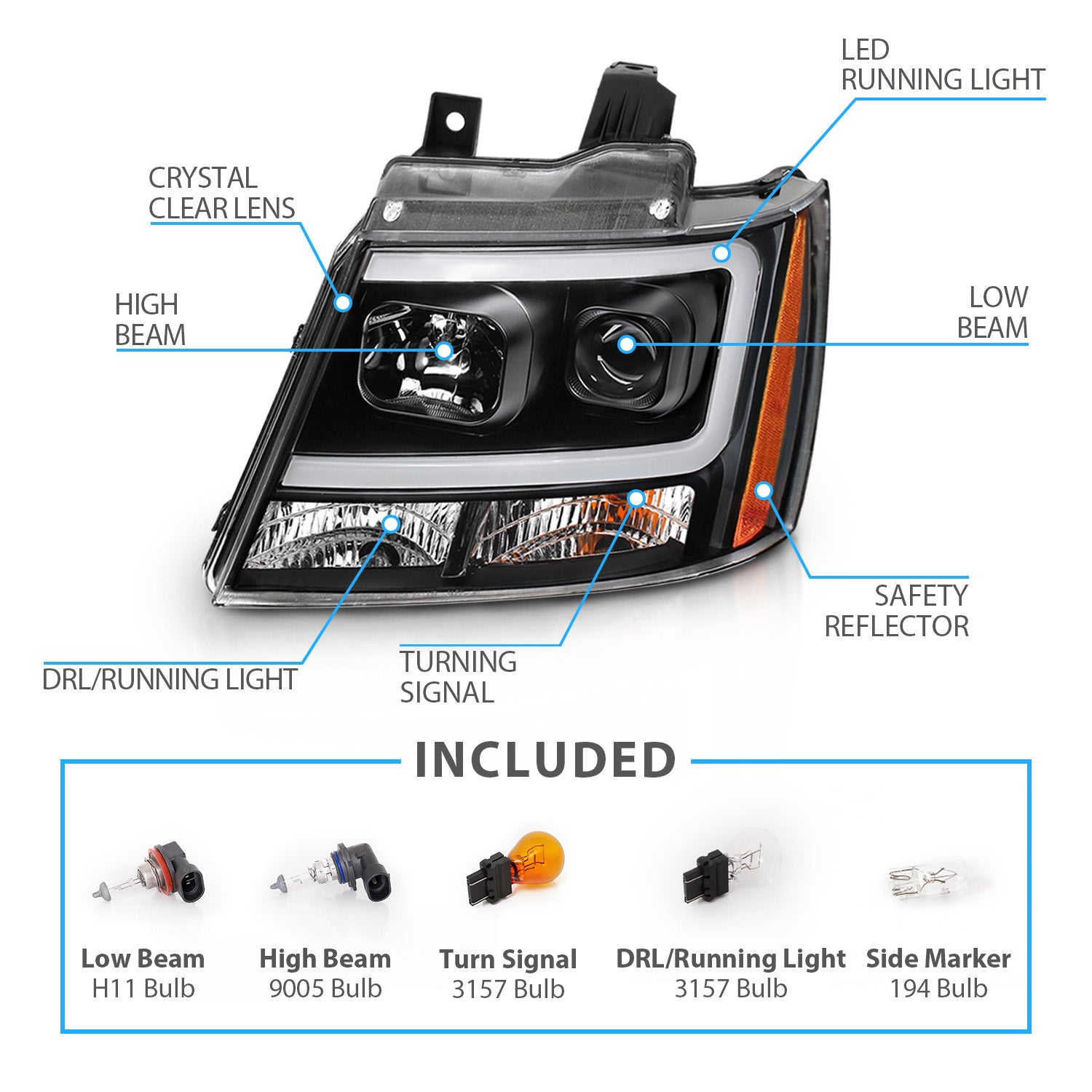 CHEVY TAHOE/SUBURBAN/AVALANCHE 07 PROJECTOR HEADLIGHTS G2 BLACK CLEAR AMBER