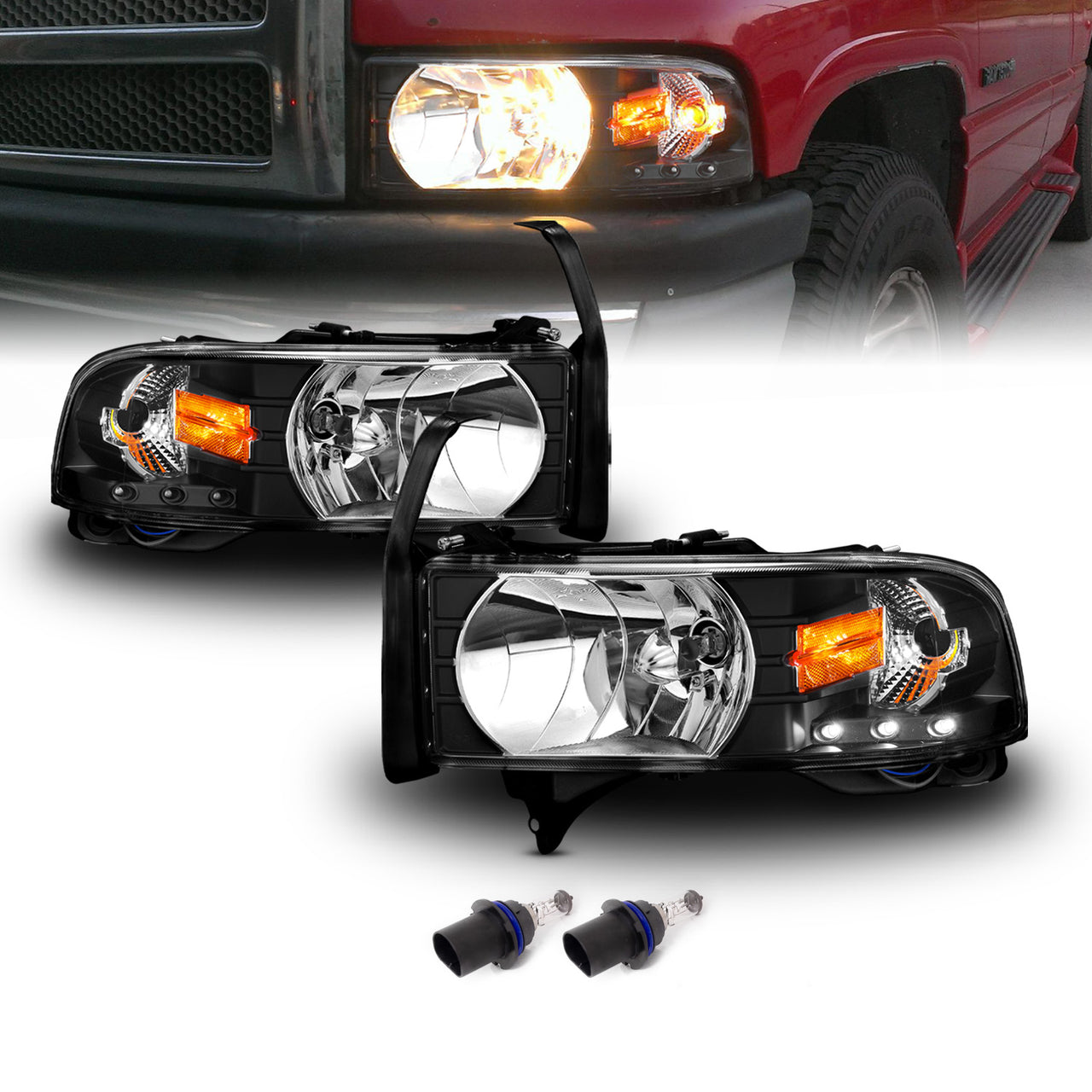 DODGE RAM 94-01 CRYSTAL HEADLIGHTS BLACK W/ LED AMBER