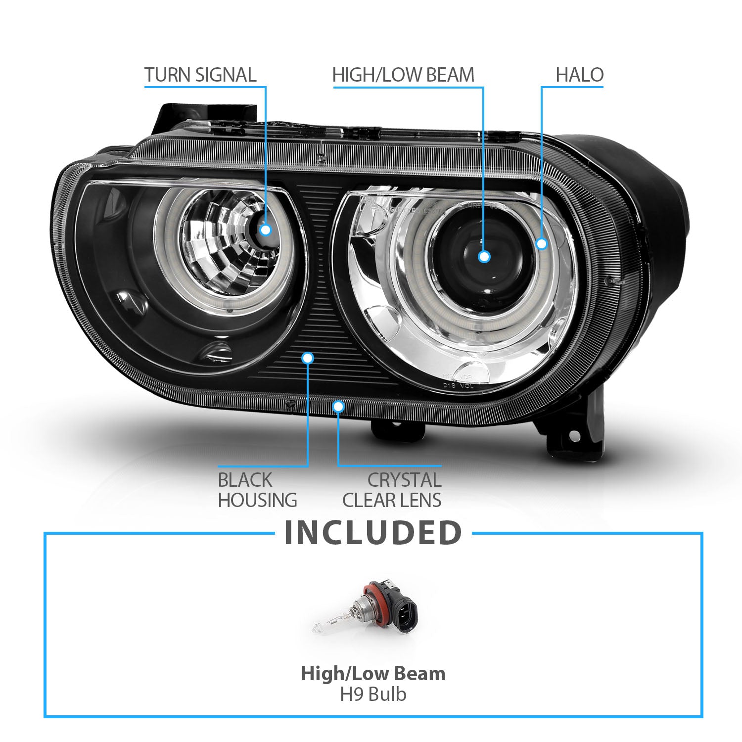 DODGE CHALLENGER 08-14 PROJECTOR HEADLIGHTS DUAL HALO BLACK CLEAR (RX HALO)
