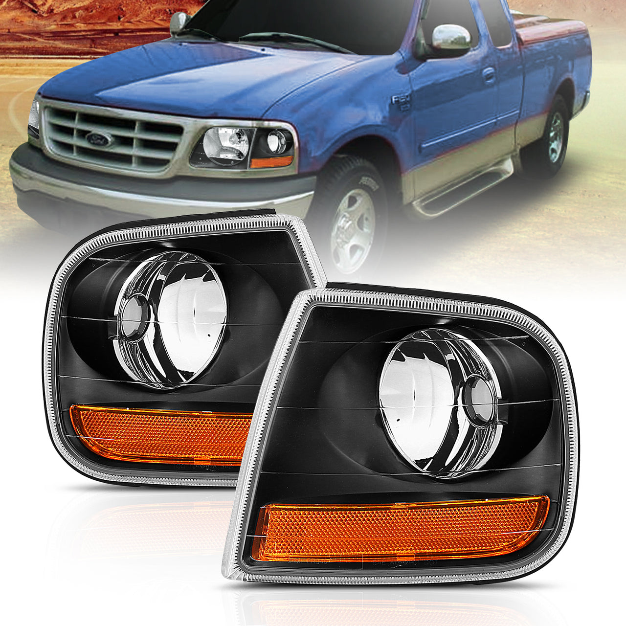 FORD EXPEDITION/F-150 97-03 CORNER LIGHTS EURO BLACK AMBER (HARLEY-DAVIDSON)