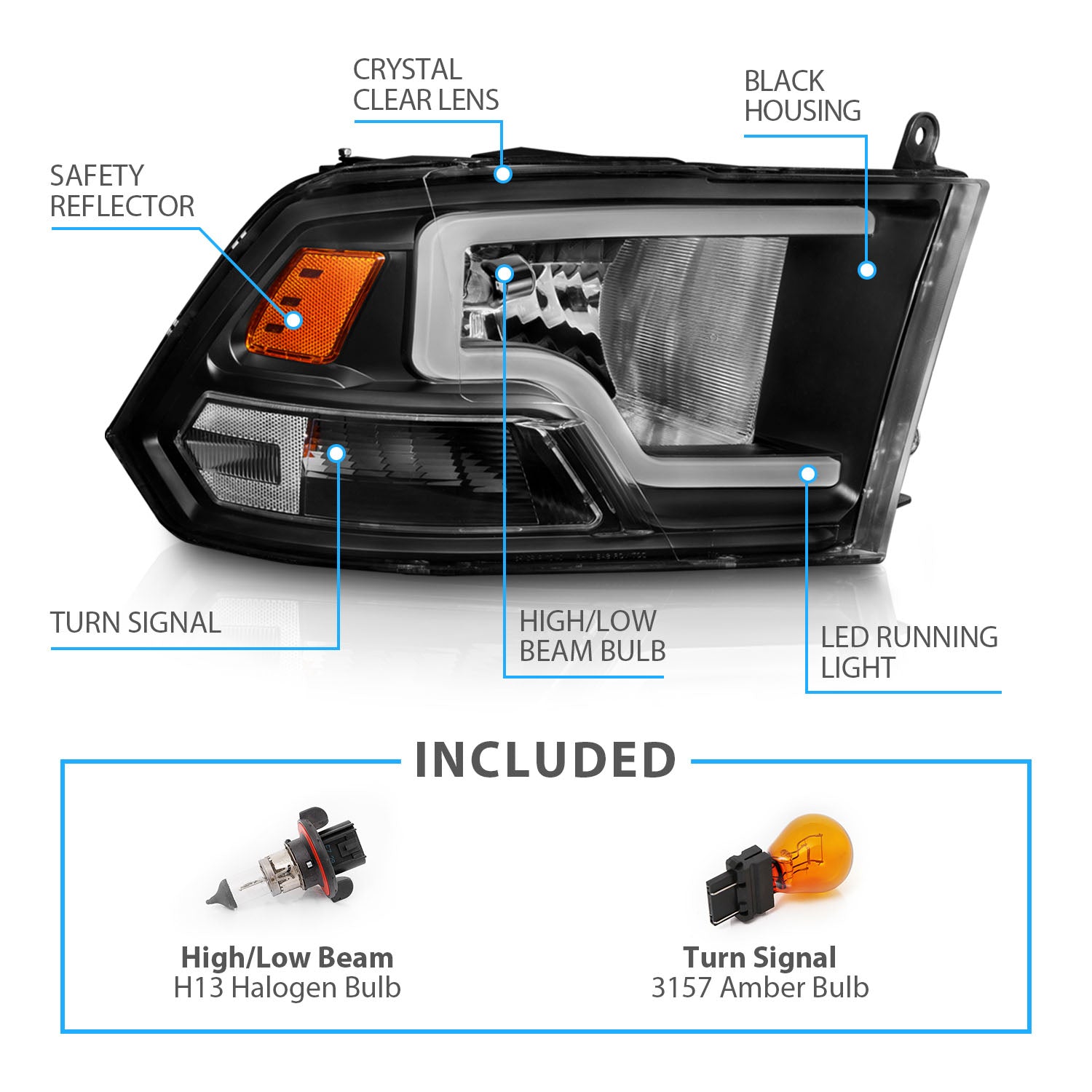 DODGE RAM 09-20 LIGHT BAR STYLE HEADLIGHTS BLACK HOUSING G2 AMBER  (HALOGEN TYPE)