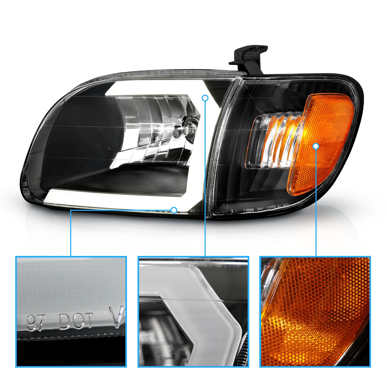 TOYOTA TUNDRA 00-04 HEADLIGHTS BLACK AMBER W/ C LIGHT BAR  W/CORNER LIGHTS (REGULAR CAB, ACCESS CAB)