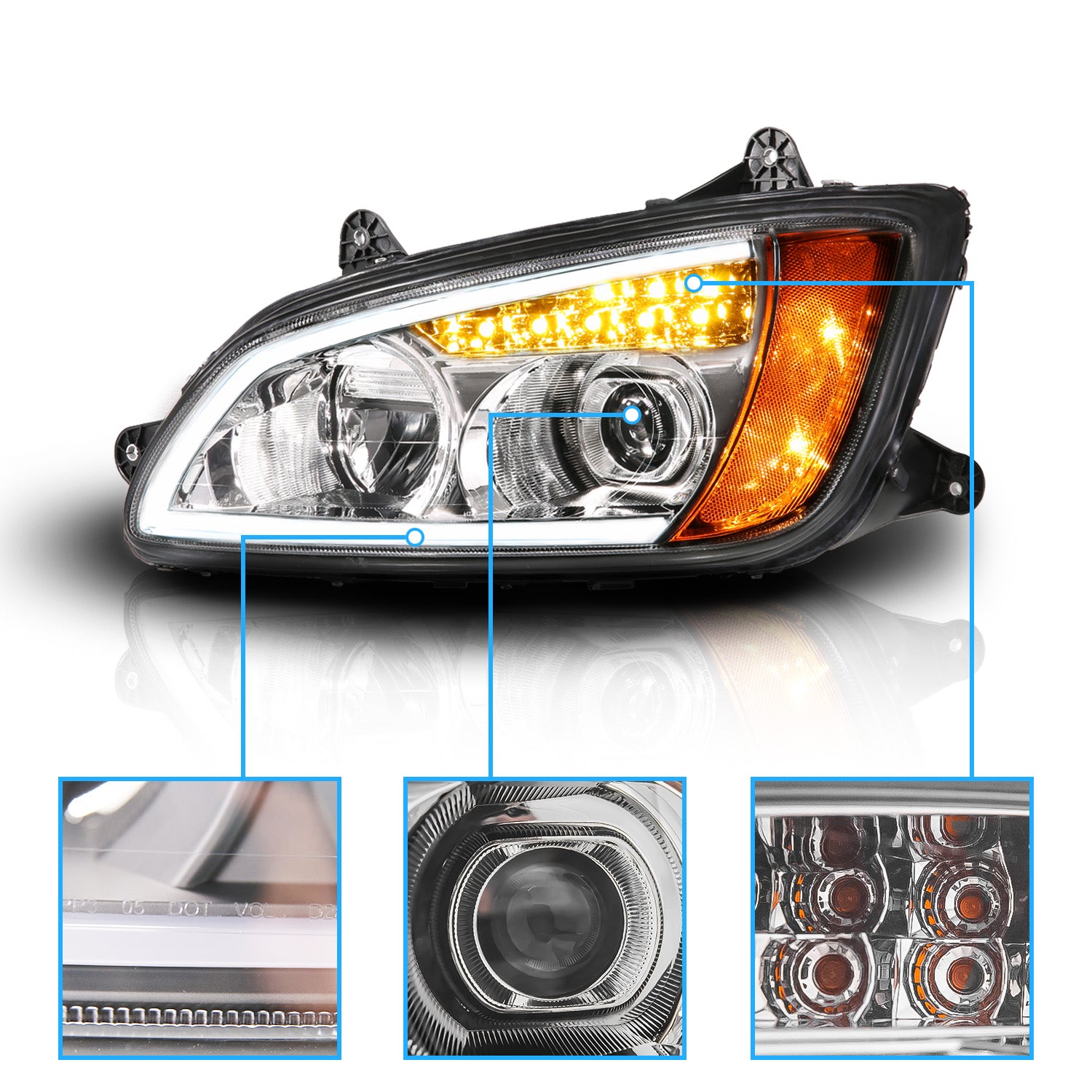 KENWORTH T-660 08-17 FULL LED PROJECTOR PLANK STYLE H.L CHROME AMBER REFLECTOR