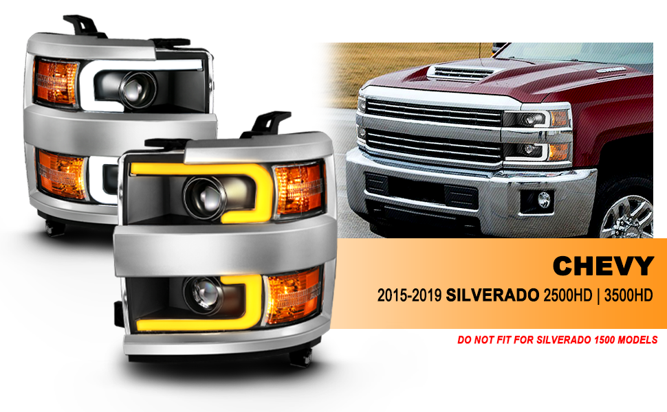 CHEVY SILVERADO 2500HD/3500HD 15-17 PROJECTOR LIGHT BAR STYLE SWITCHBACK HEADLIGHTS BLACK AMBER (CHROME RIM)