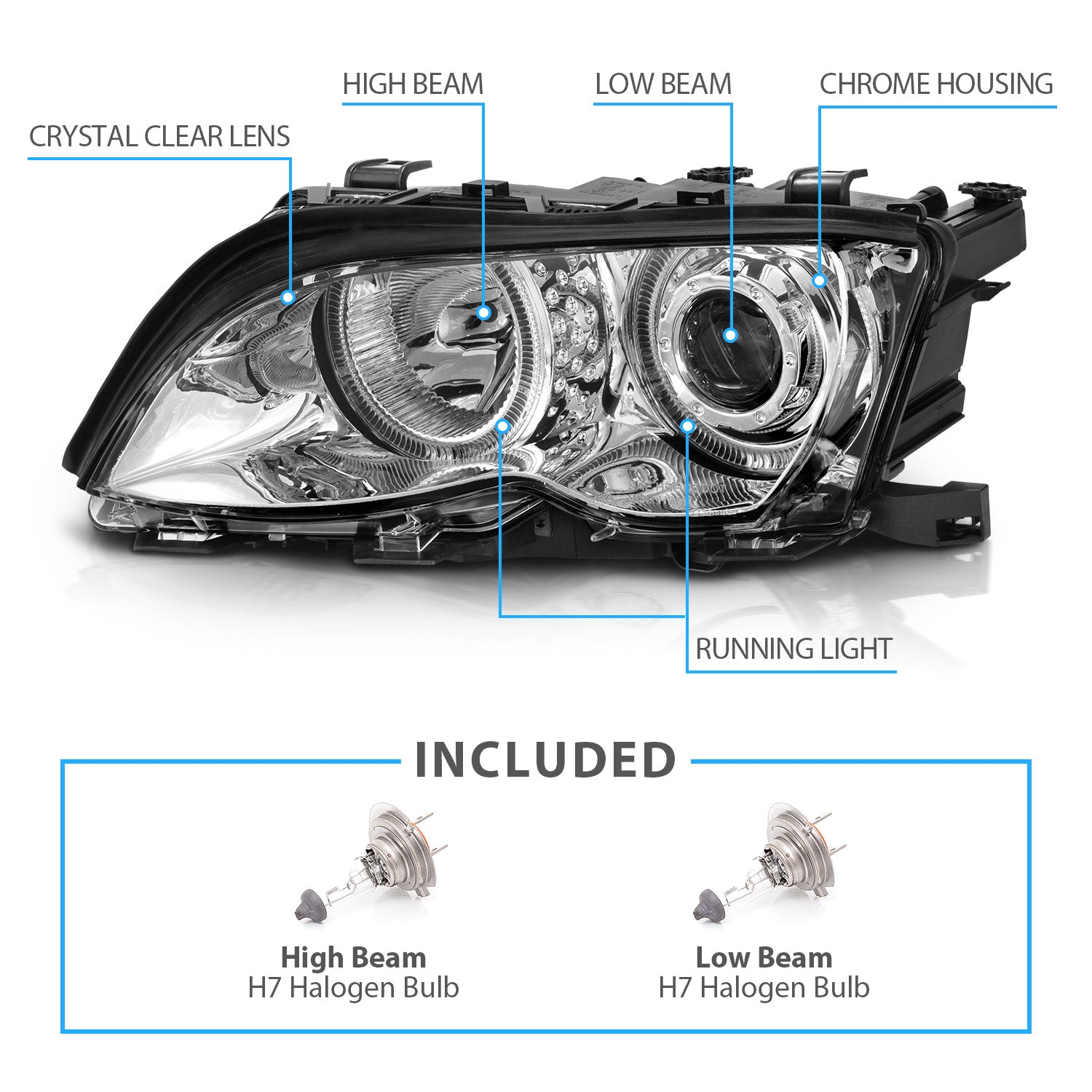 BMW 3 SERIES E46 02-05 4DR PROJECTOR HEADLIGHTS HALO CHROME CLEAR