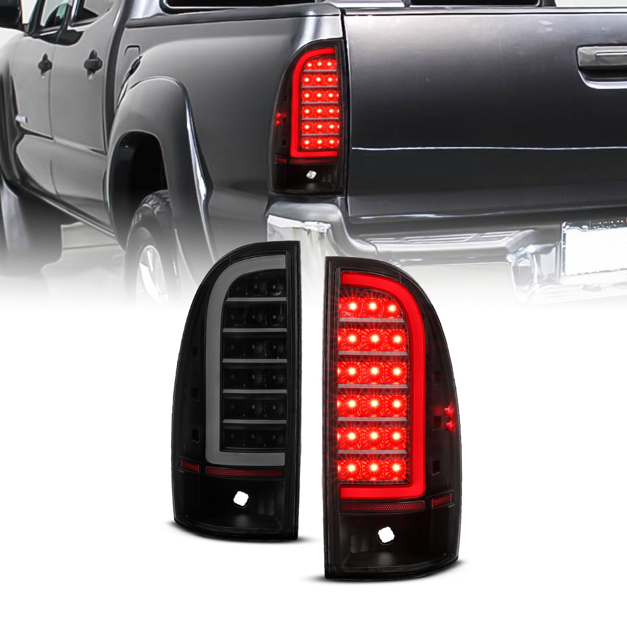 TOYOTA TACOMA 05-15 LED TAIL LIGHTS BLACK HOUSING SMOKE LENS (W/ C LIGHT BAR)