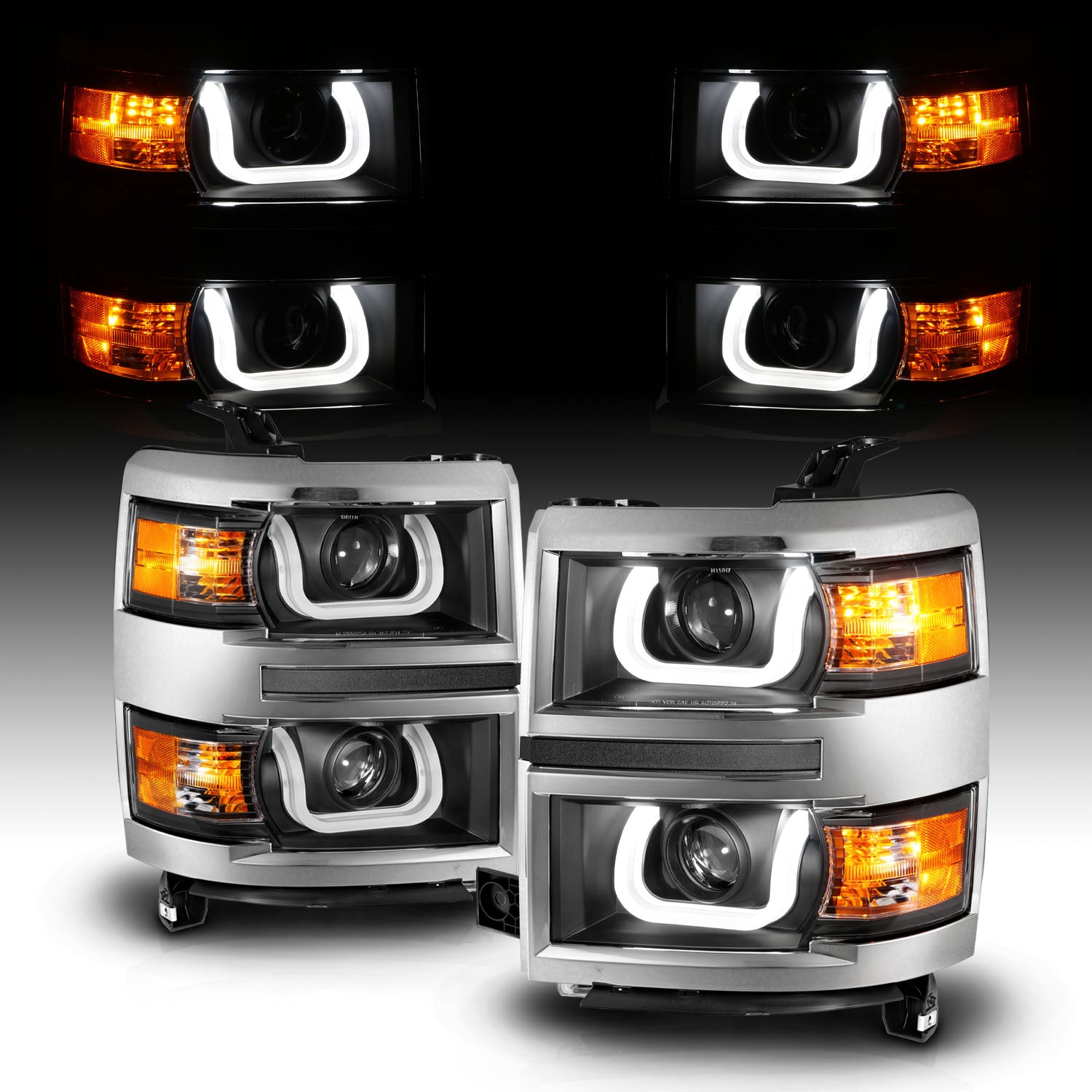 CHEVY SILVERADO 14 PROJECTOR U-BAR STYLE HEADLIGHTS BLACK CLEAR W/ CHROME TRIM AMBER