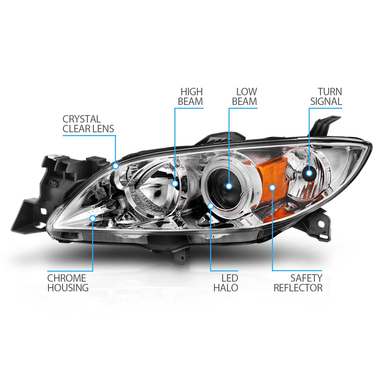 MAZDA 3 04-07 4DR PROJECTOR HEADLIGHTS HALO CHROME CLEAR AMBER (RX HALO)