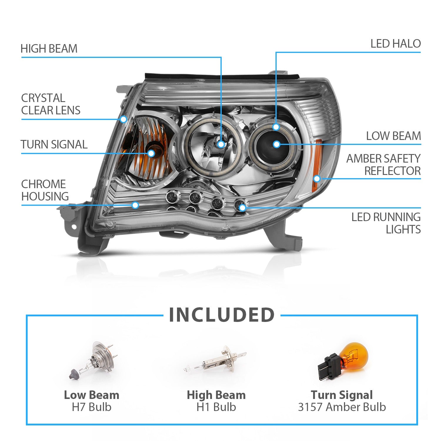 TOYOTA TACOMA 05-11 PROJECTOR HEADLIGHTS  W/O CCFL BAR  CHROME AMBER (RX HALO)