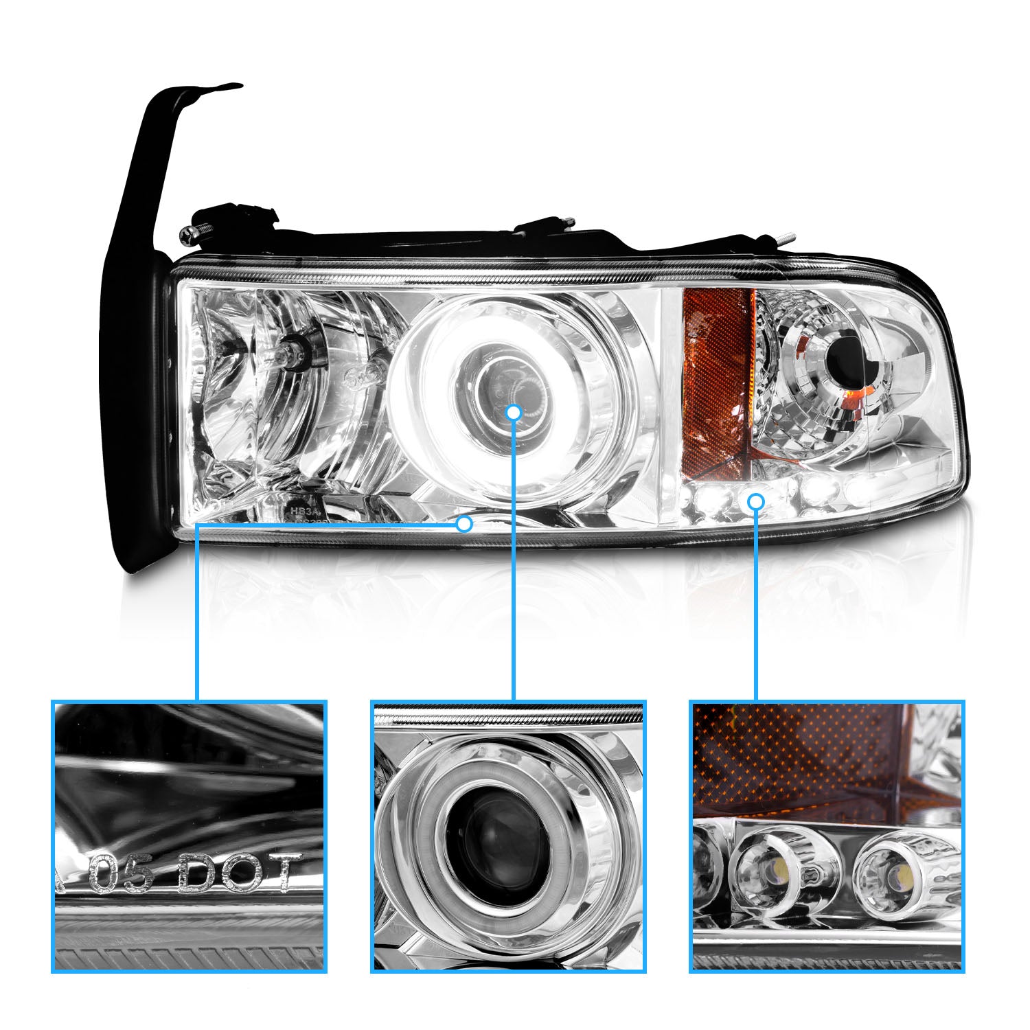 DODGE RAM 94-01 PROJECTOR HEADLIGHTS HALO CHROME CLEAR AMBER (RX HALO)