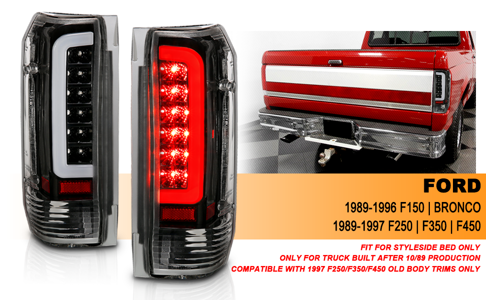 FORD F150 89-97/BRONCO 87-96 TAIL LIGHTS BLACK HOUSING CLEAR LENS W/C BAR