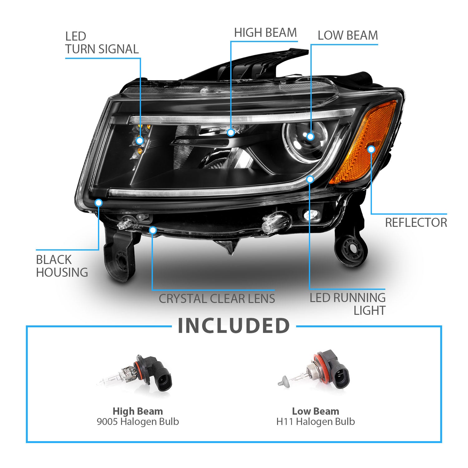JEEP GRAND CHEROKEE 14 PROJECTOR LIGHT BAR STYLE HEADLIGHTS BLACK CLEAR