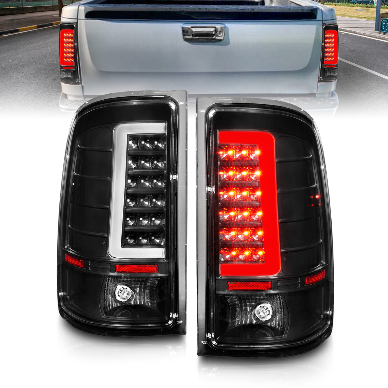 GMC SIERRA 1500 07-13 (EXCEPT '07 CLASSIC) / SIRRA 2500/3500 '07-'14 LED TAIL LIGHTS  BLACK HOUSING CLEAR LENS W/ C LIGHT BAR