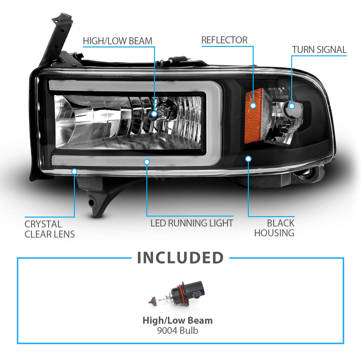 DODGE RAM 94-02 HEADLIGHTS BLACK AMBER (W/ C LIGHT BAR)