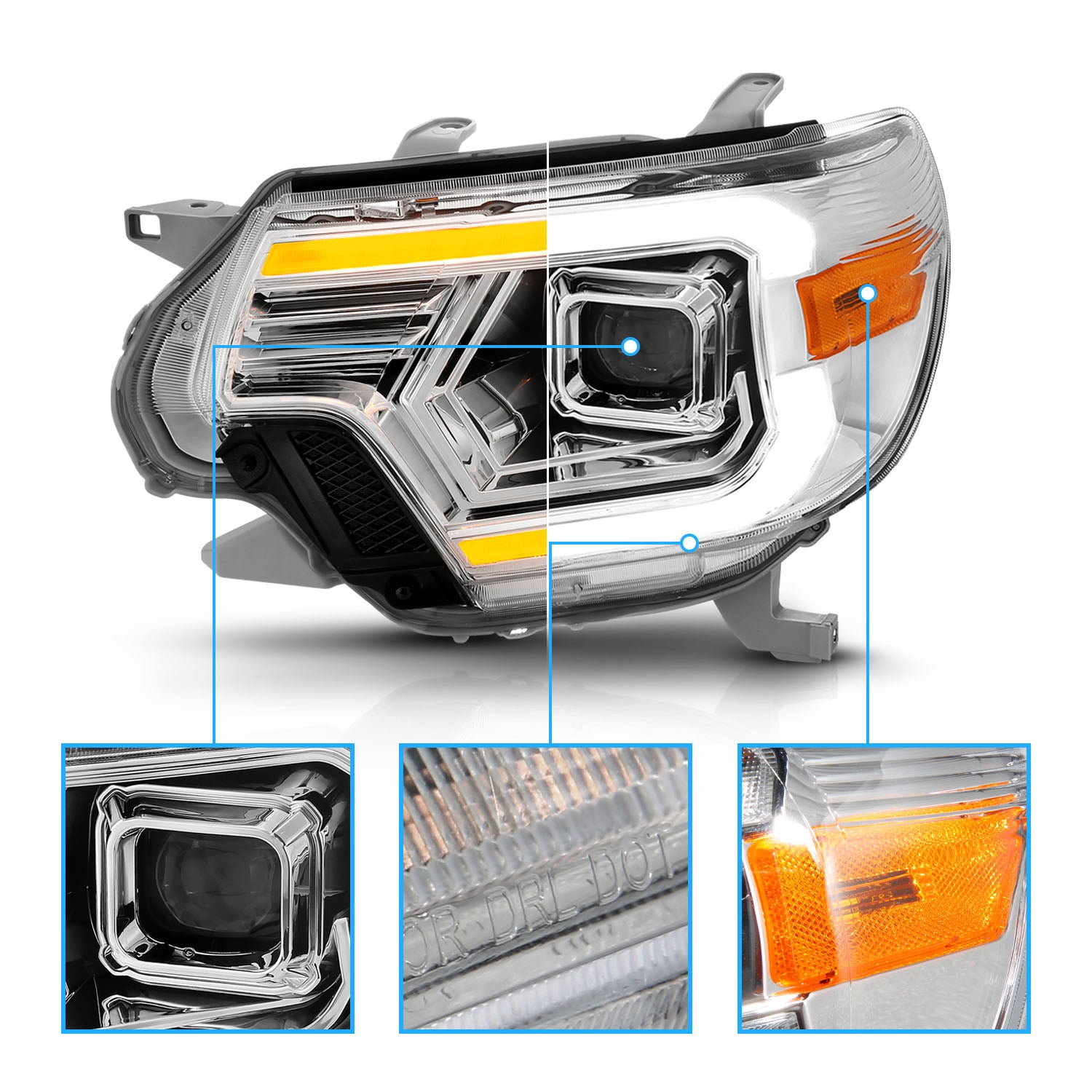 TOYOTA TACOMA 12-15  PROJECTOR SWITCHBACK HEADLIGHTS CHROME AMBER (W/ C LIGHTS BAR)